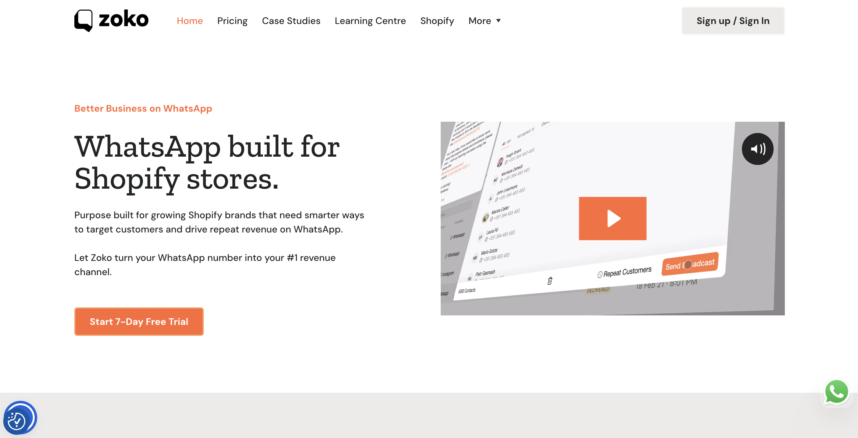 The homepage of Zoko with a CTA for a free trial