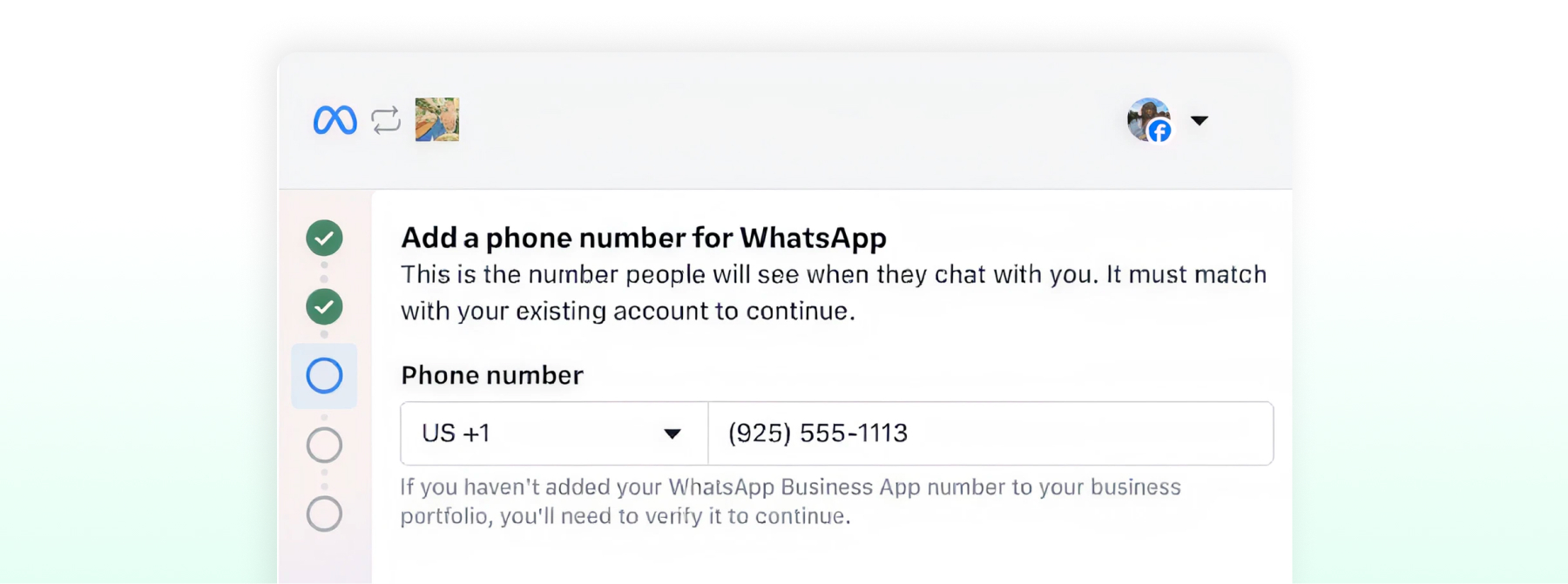 Meta onboarding step to verify and add an existing WhatsApp Business phone number for coexistence setup.