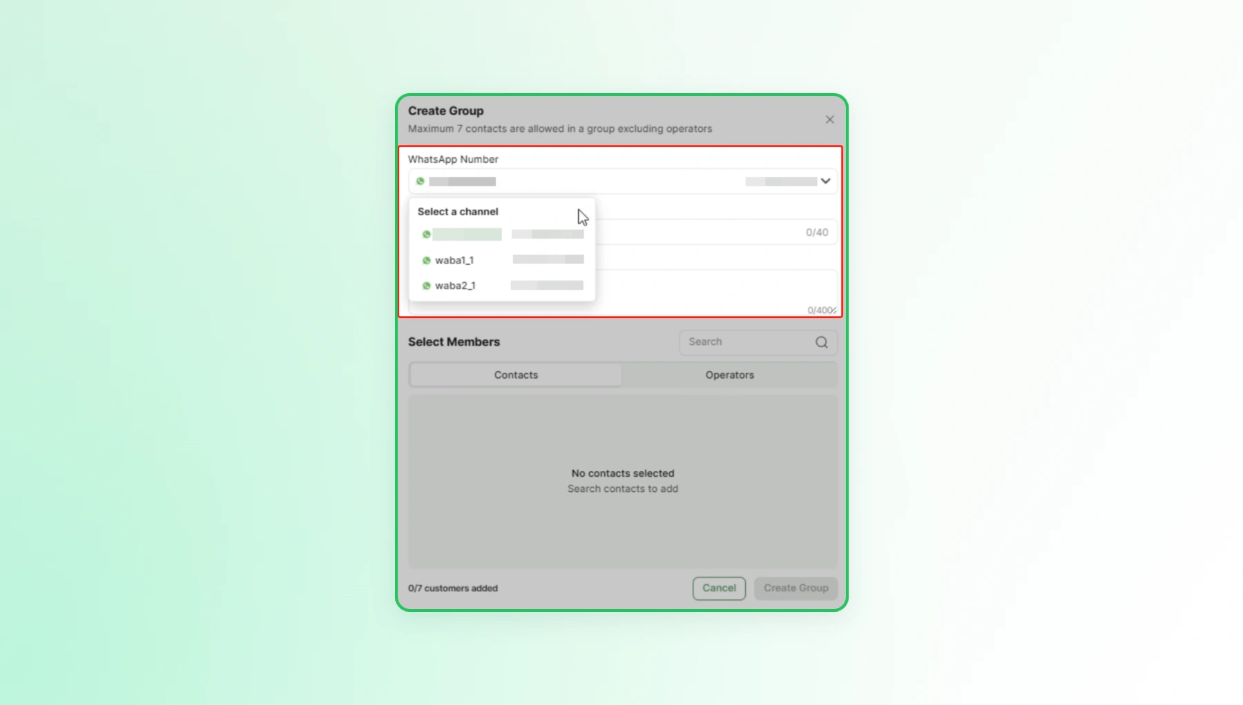 Wati Create Group window showing the WhatsApp number selection and the 7-contact group limit.