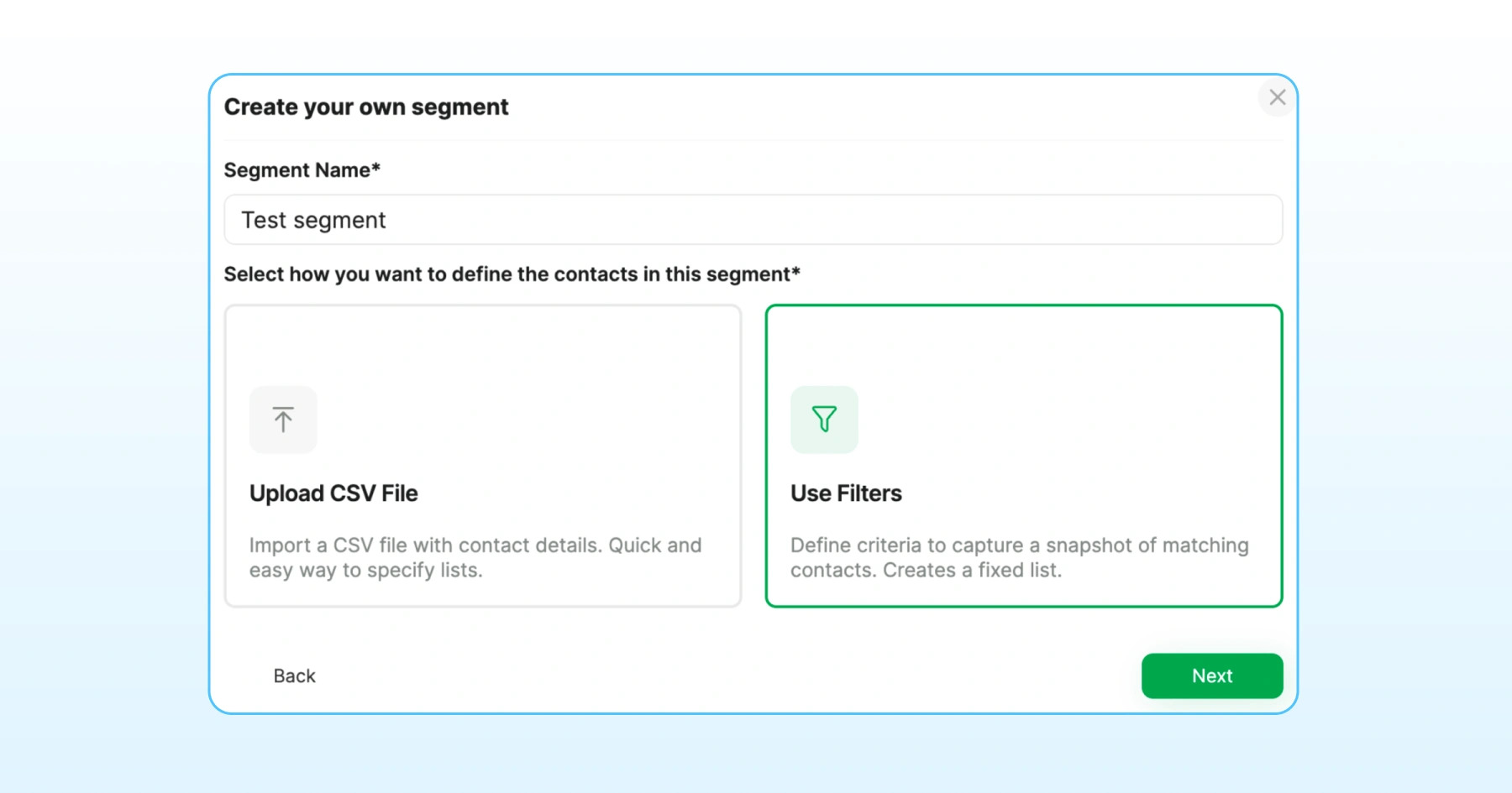 Wati segment setup screen showing options to upload a CSV file or define a customer segment using filters.
