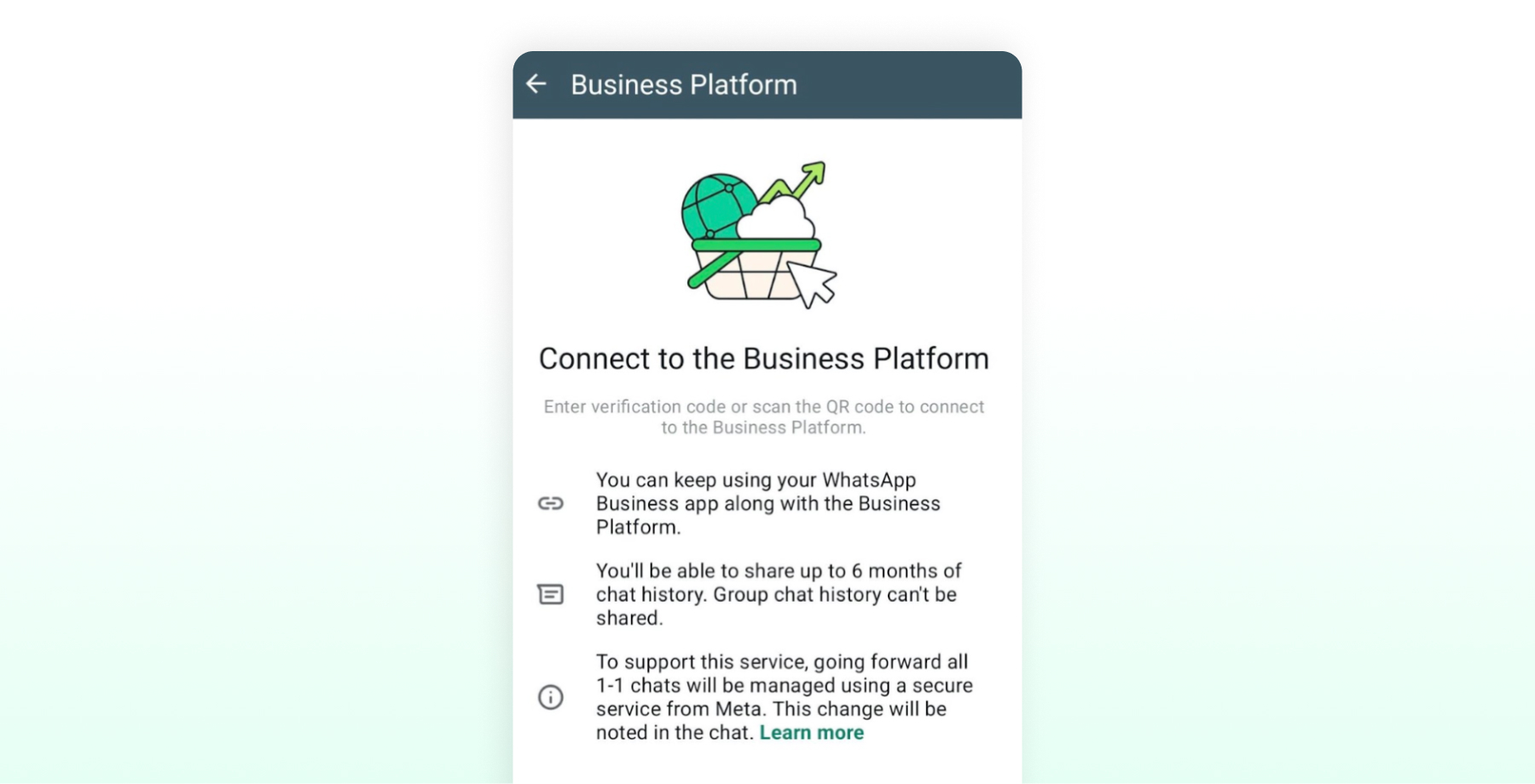 WhatsApp Business Platform screen requesting a verification code or QR code to connect the Business App.
