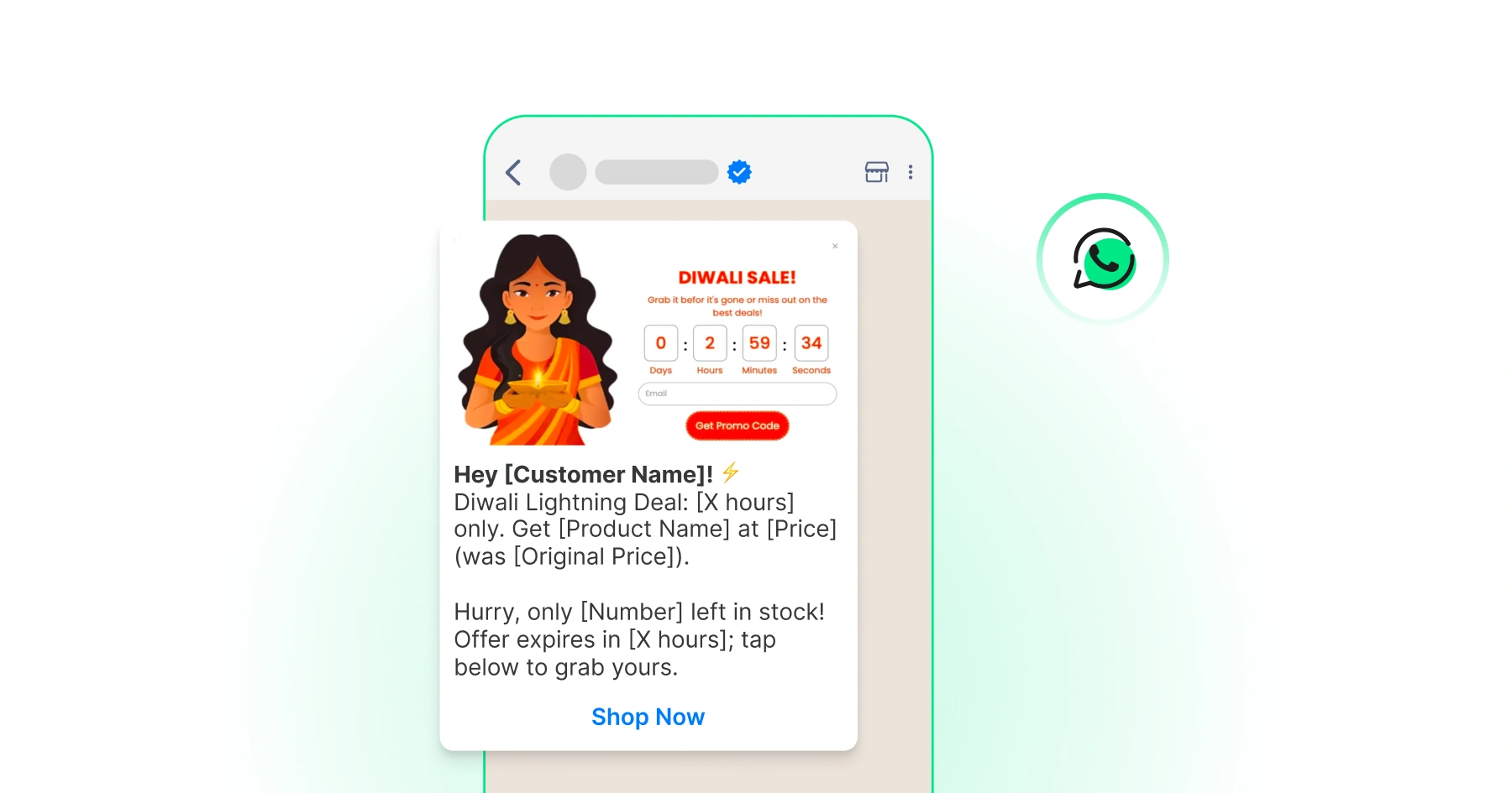 WhatsApp-style Diwali lightning deal message promoting a limited-time product discount with a countdown timer, stock urgency, and Shop Now CTA.