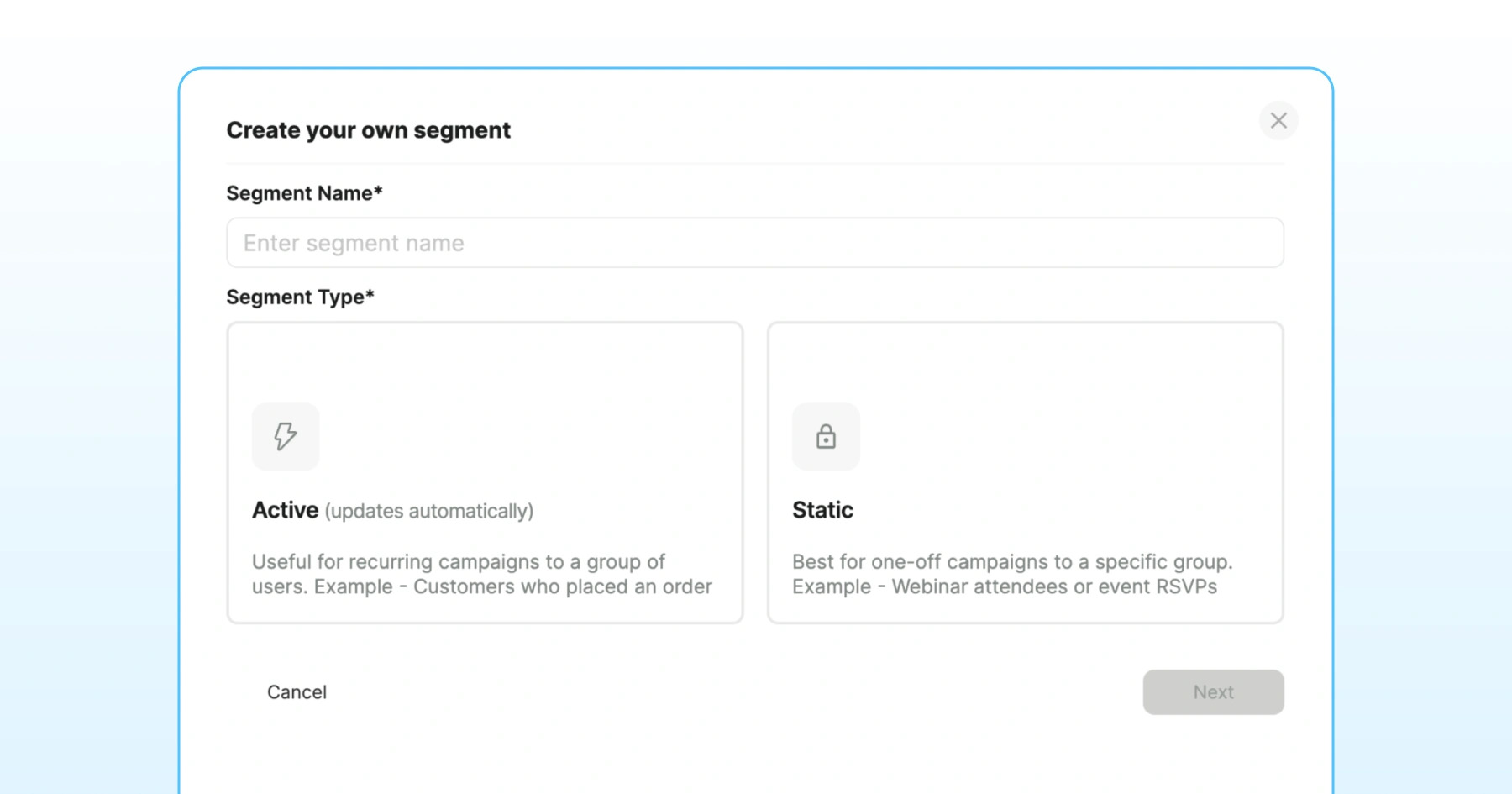 Wati Custom Segment setup screen showing Active and Static segment options.
