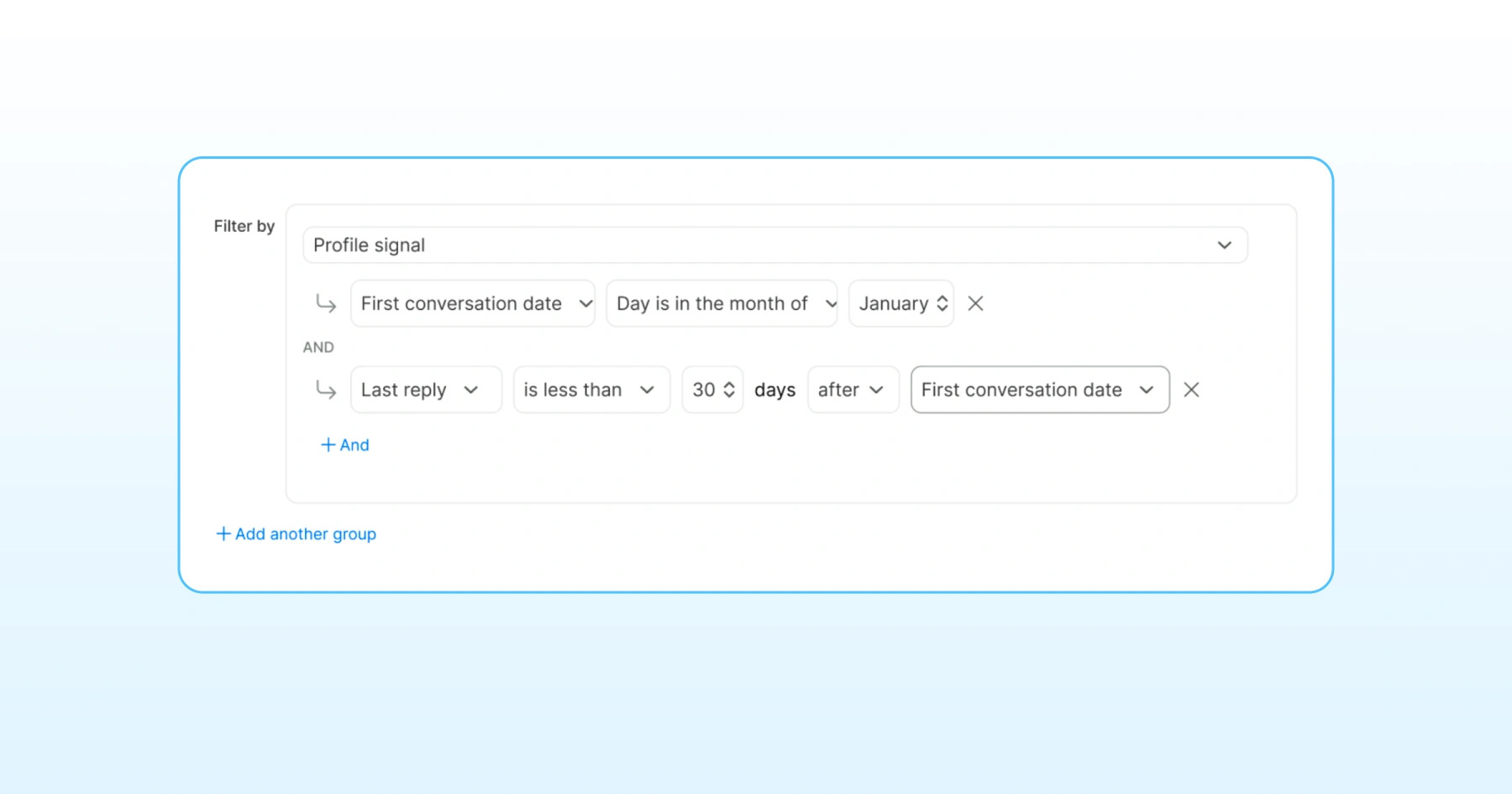 Wati Custom Segment filter showing a January first conversation cohort and a 30-day comparison with the last reply.