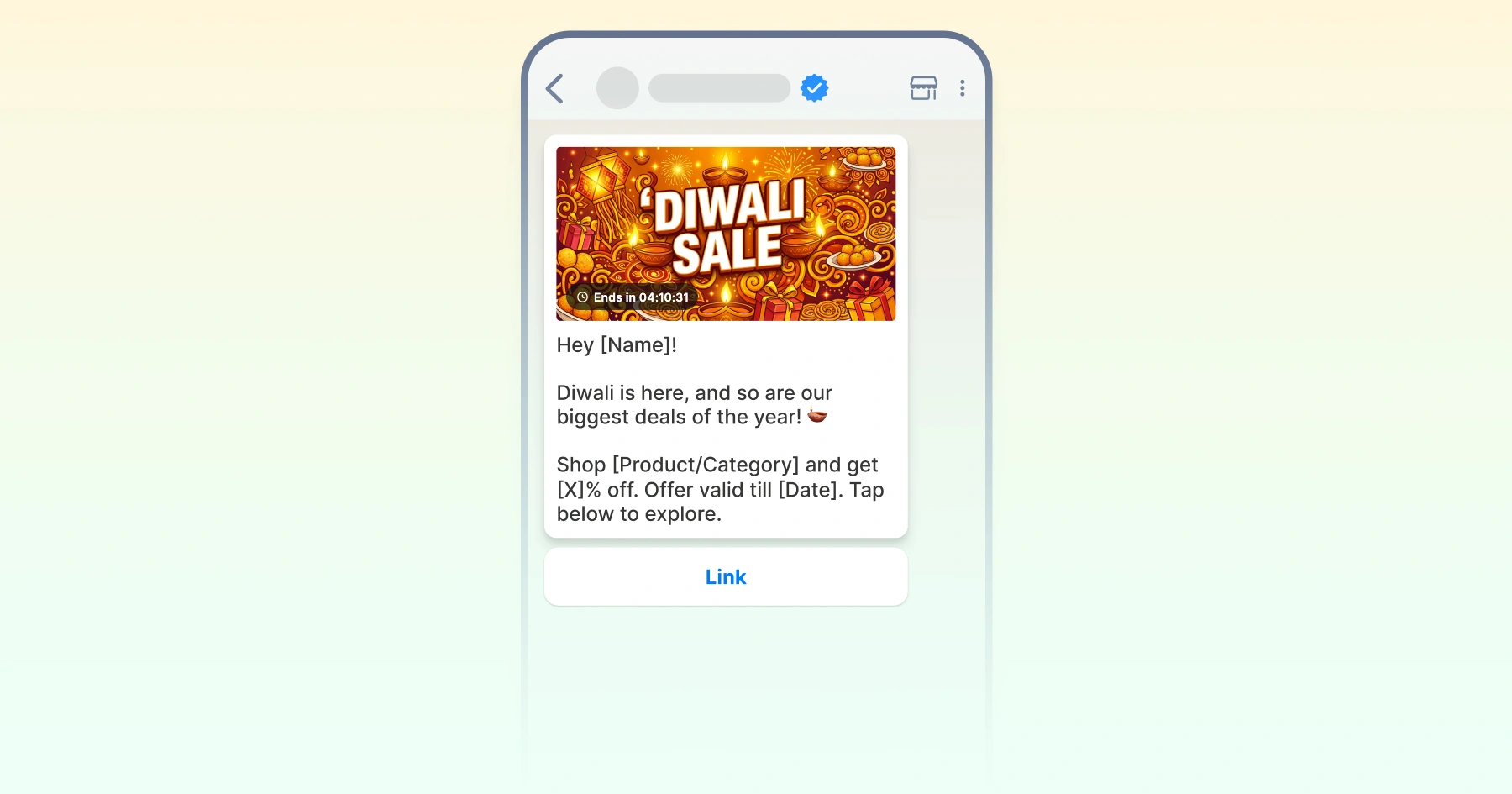 WhatsApp Diwali sale message LTO template featuring a festive “Diwali Sale” banner with a countdown timer, personalized greeting, promotional offer, and a link button.