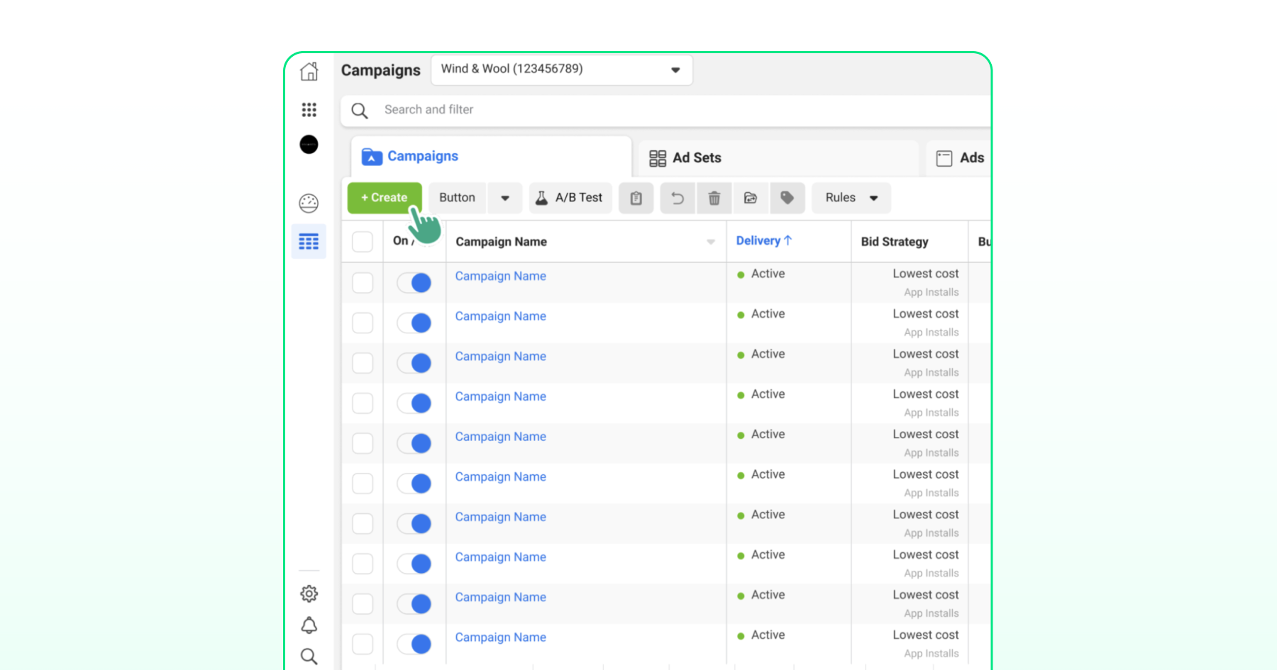 Meta Ads Manager Campaigns dashboard with the Create button highlighted