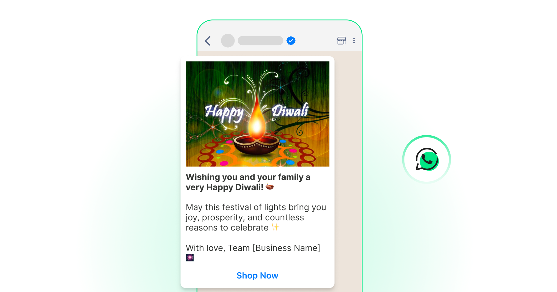 WhatsApp-style Diwali greeting message with a festive diya image, wishing customers and their families happiness and prosperity with a Shop Now CTA.