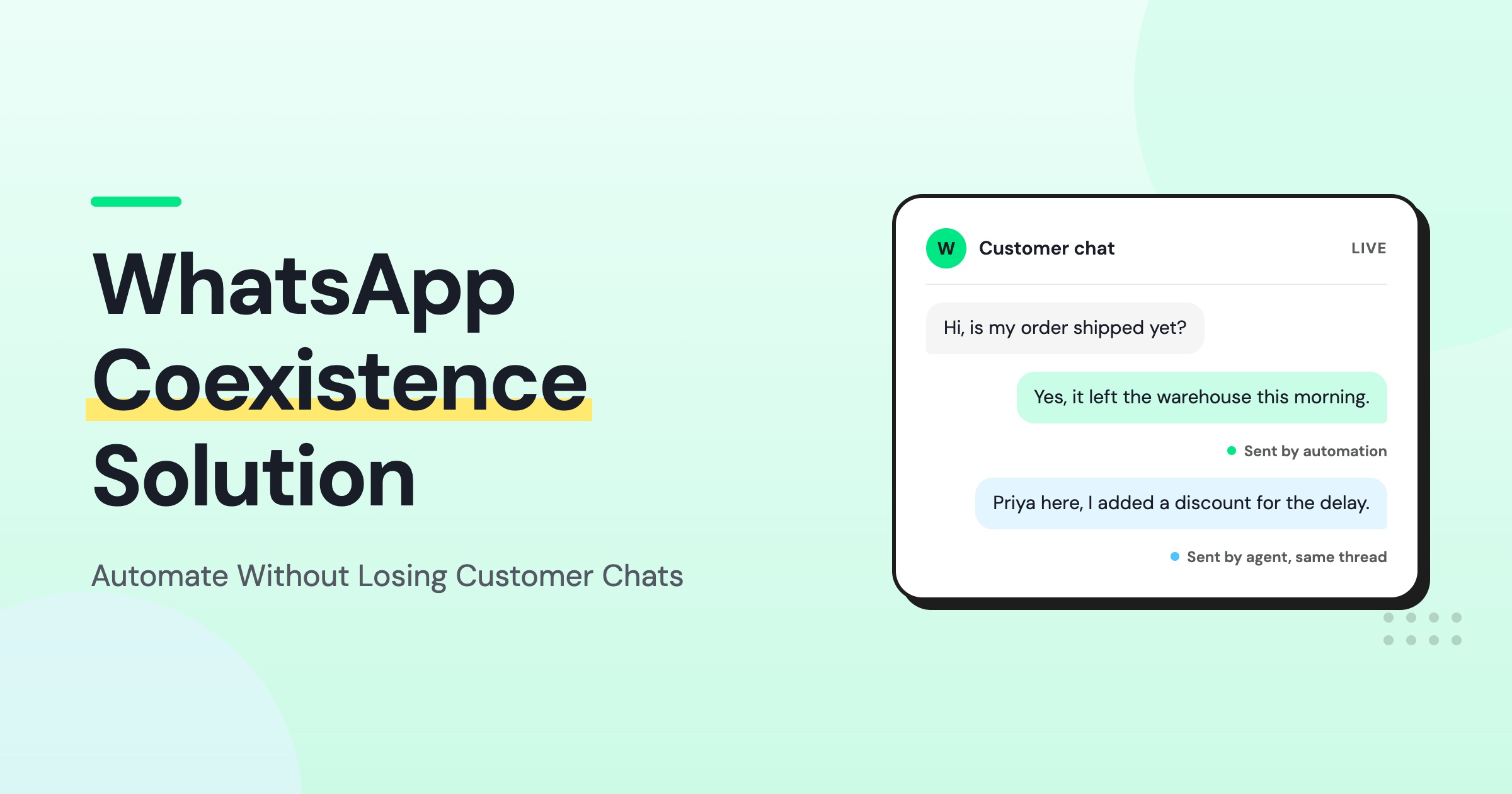 WhatsApp Coexistence Solution banner showing a customer chat and automated responses