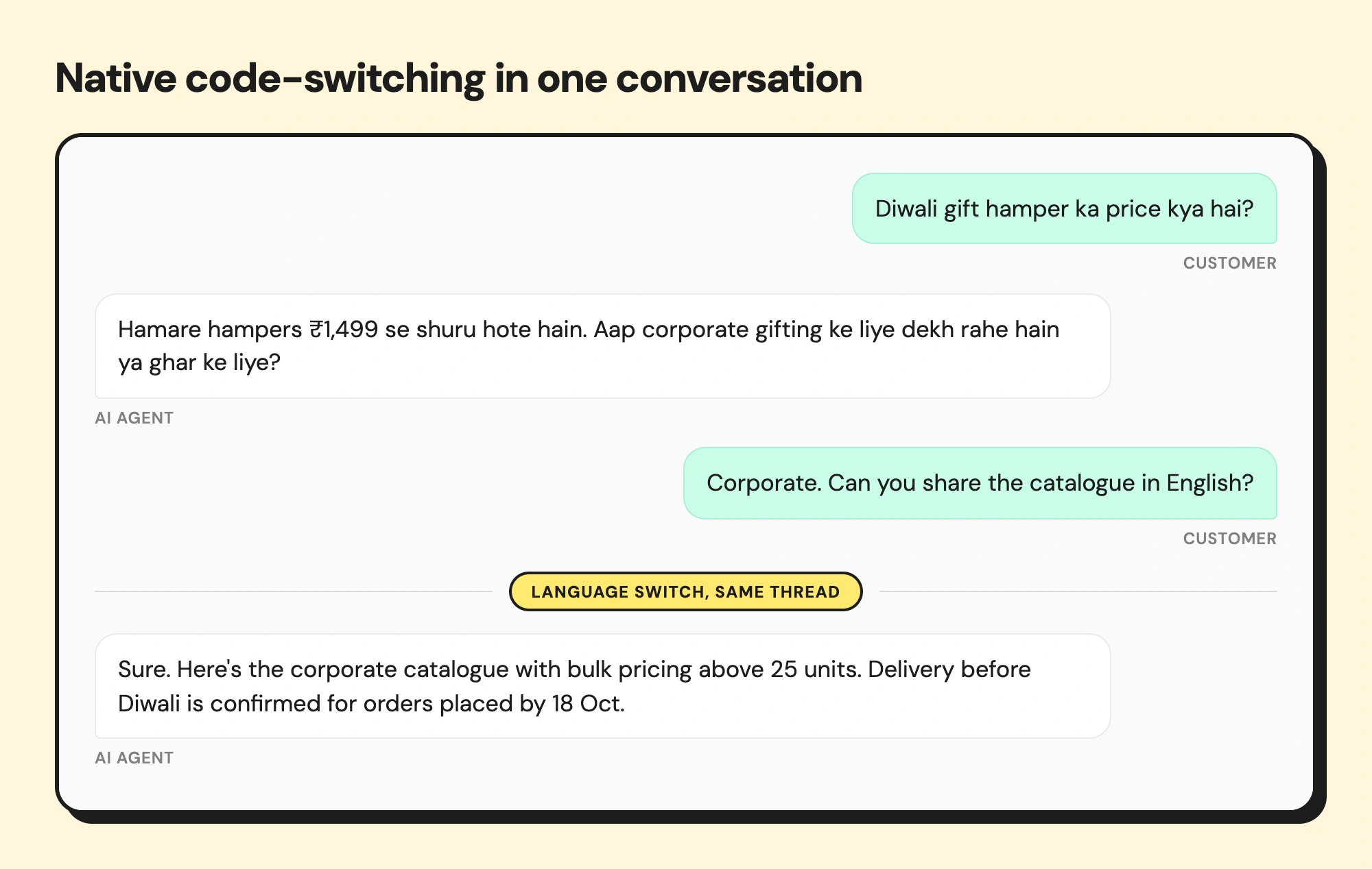 WhatsApp AI chat demonstrating seamless language switching between Hindi and English in the same conversation.
