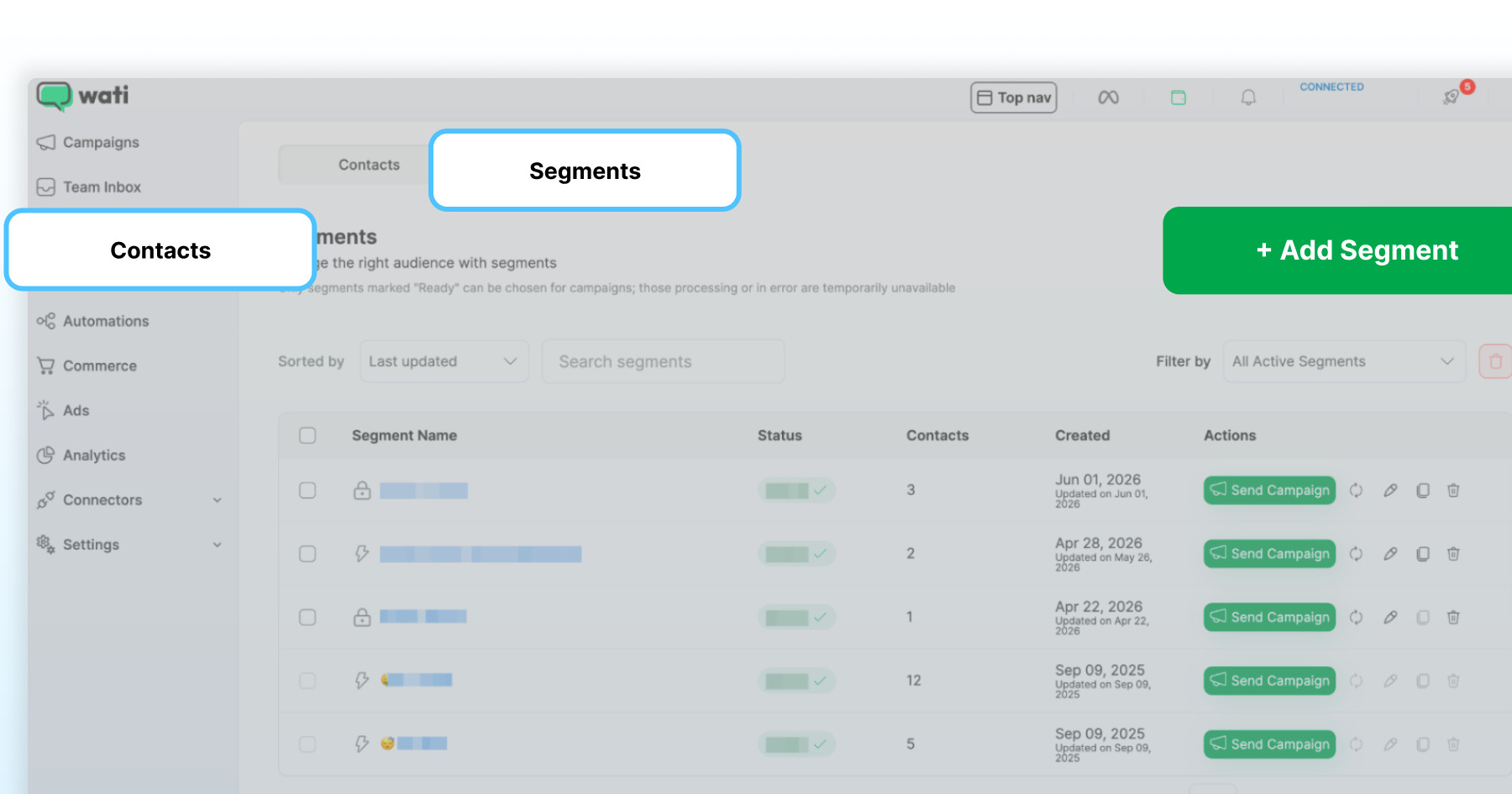 Wati Contacts and Segments interface showing the option to add a new customer segment.