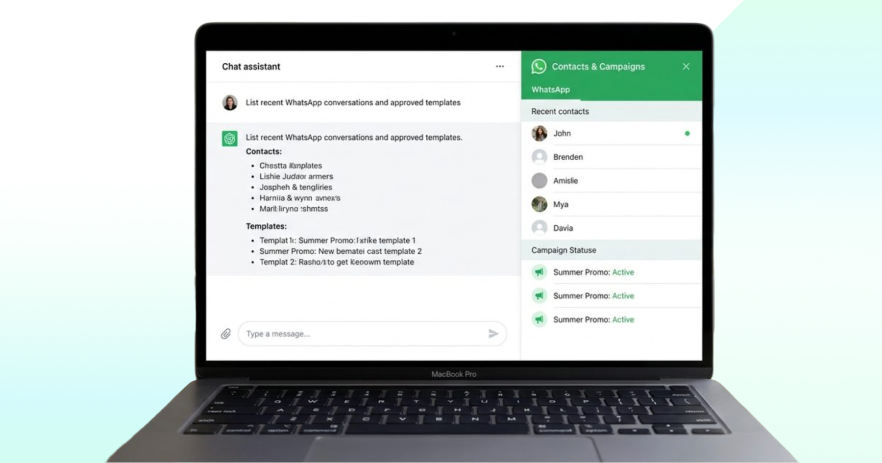Laptop displaying a Wati chat assistant connected to WhatsApp, with recent conversations, approved message templates, contacts, and active campaigns visible.