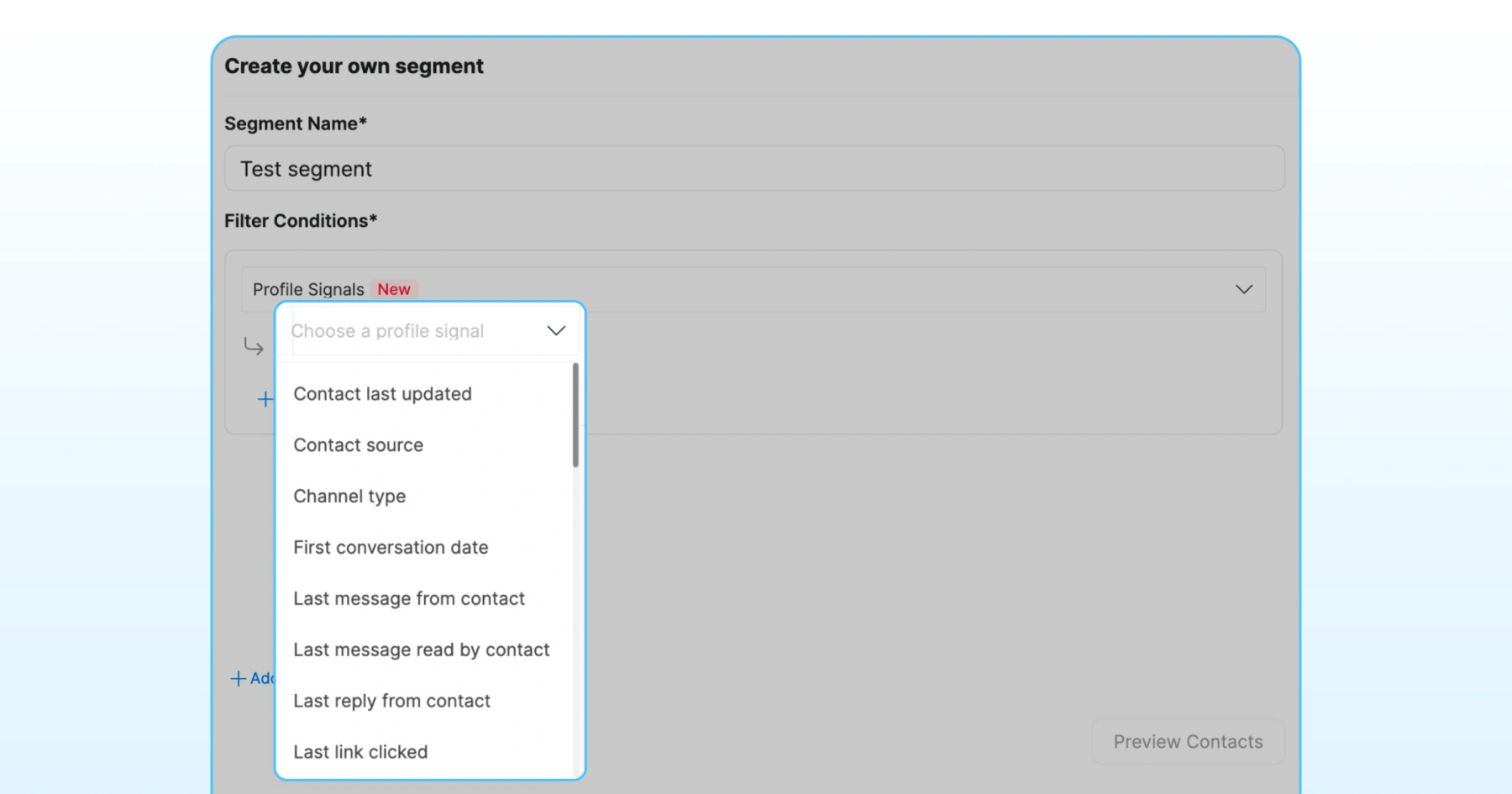 Wati Custom Segment interface showing date-based profile signals, including first conversation date and last reply.
