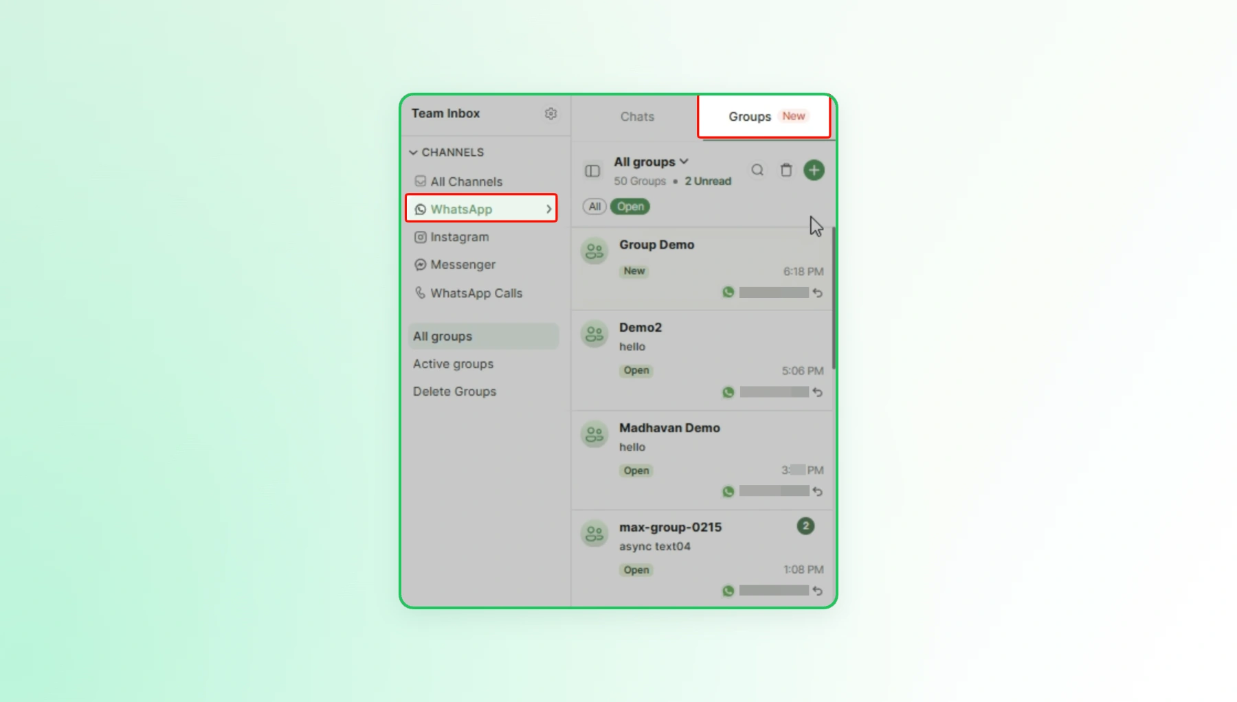 Wati Team Inbox showing the Groups tab under the WhatsApp channel.