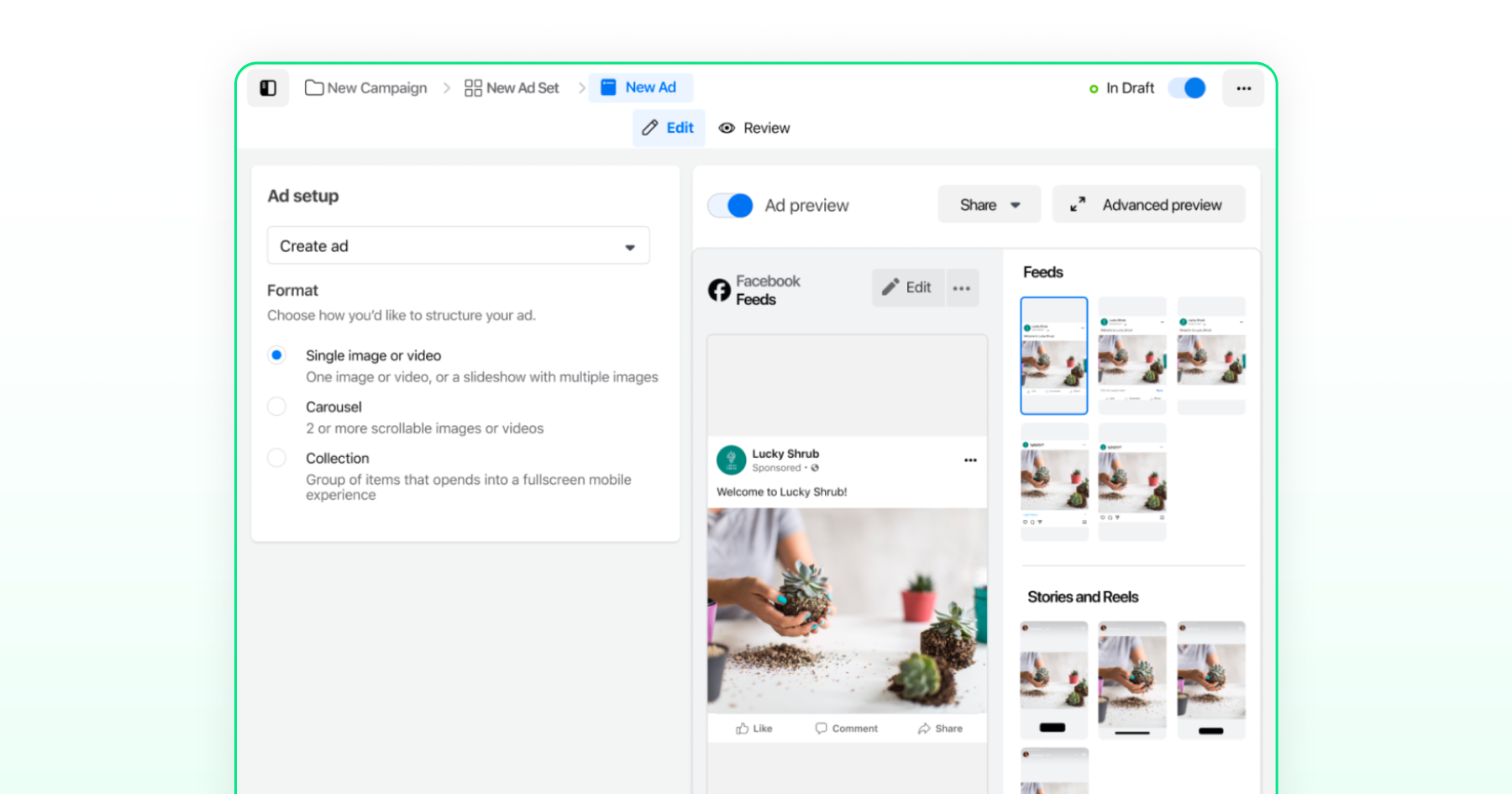 Meta Ads Manager ad setup screen showing single image or video format and ad previews