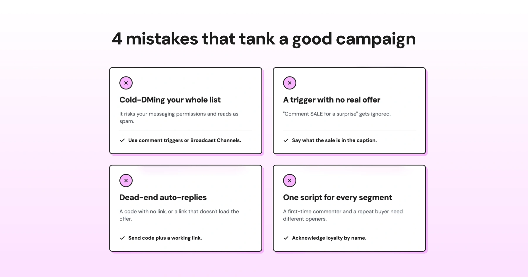 Four common Instagram DM campaign mistakes, including cold DMs, unclear offers, dead-end auto-replies, and using the same script for every segment.