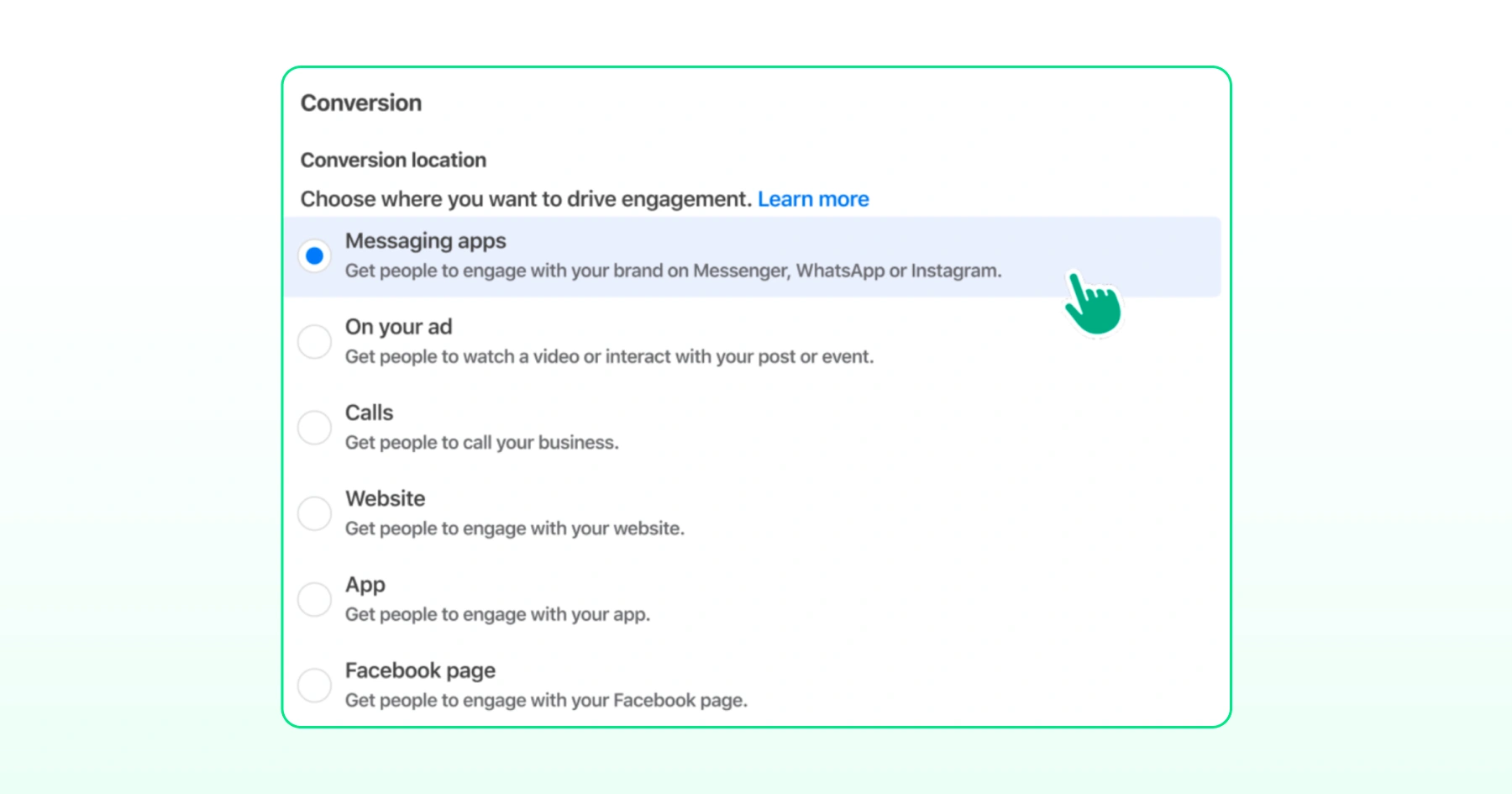 Meta Ads Manager conversion settings with Messaging apps selected as the conversion location