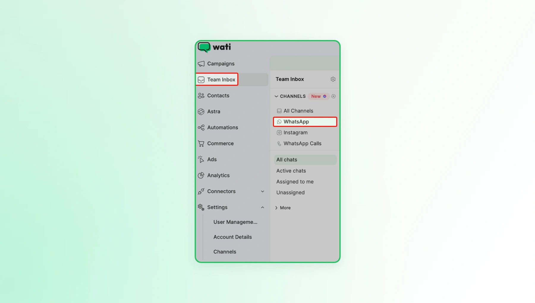 Wati Team Inbox showing the WhatsApp channel selected under Channels.