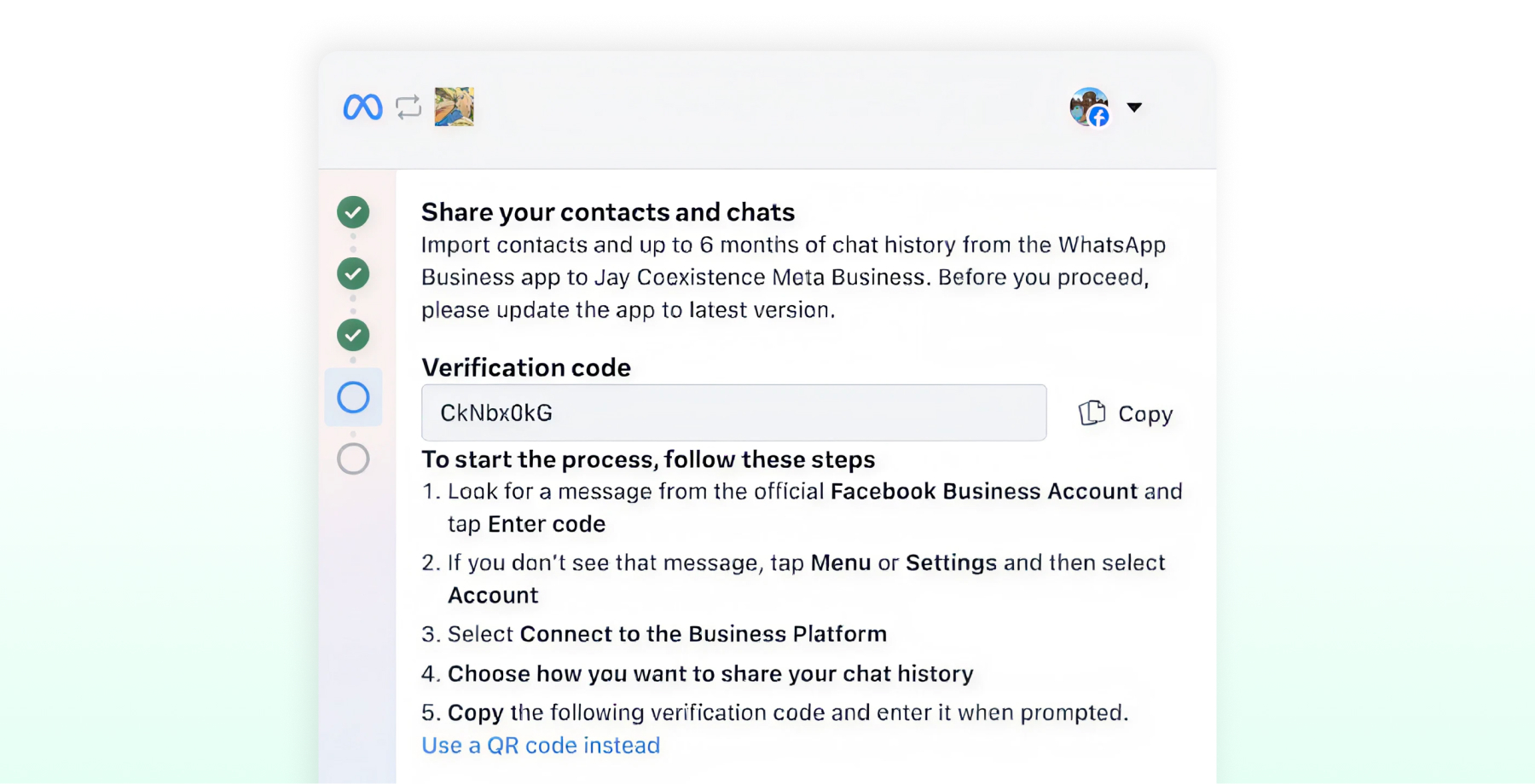 Meta onboarding page displaying a verification code to import contacts and up to six months of WhatsApp chat history.