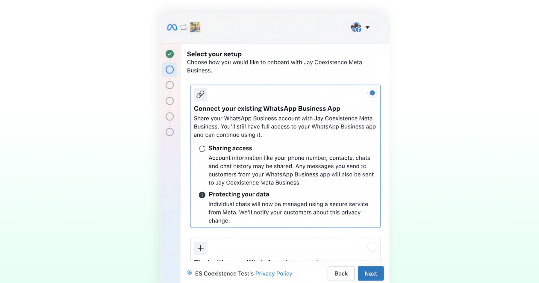 Meta onboarding screen to connect an existing WhatsApp Business App using coexistence with the WhatsApp Business Platform.
