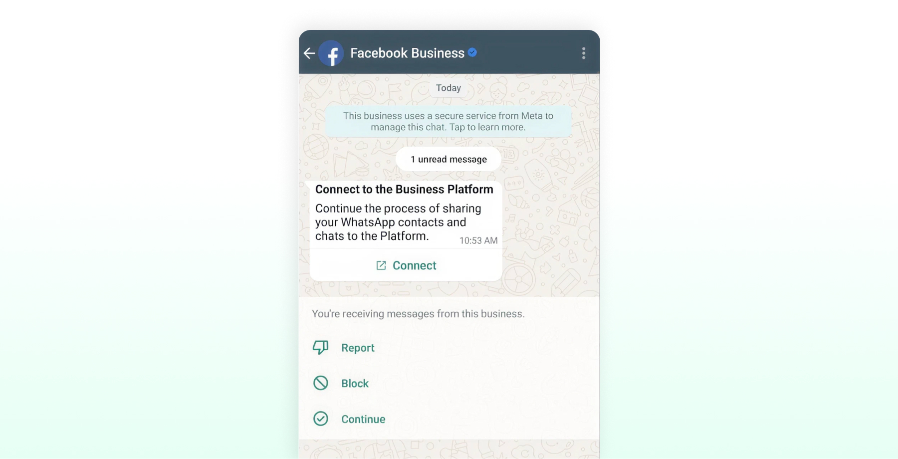 WhatsApp message from Facebook Business prompting the user to connect the WhatsApp Business app to the Business Platform.