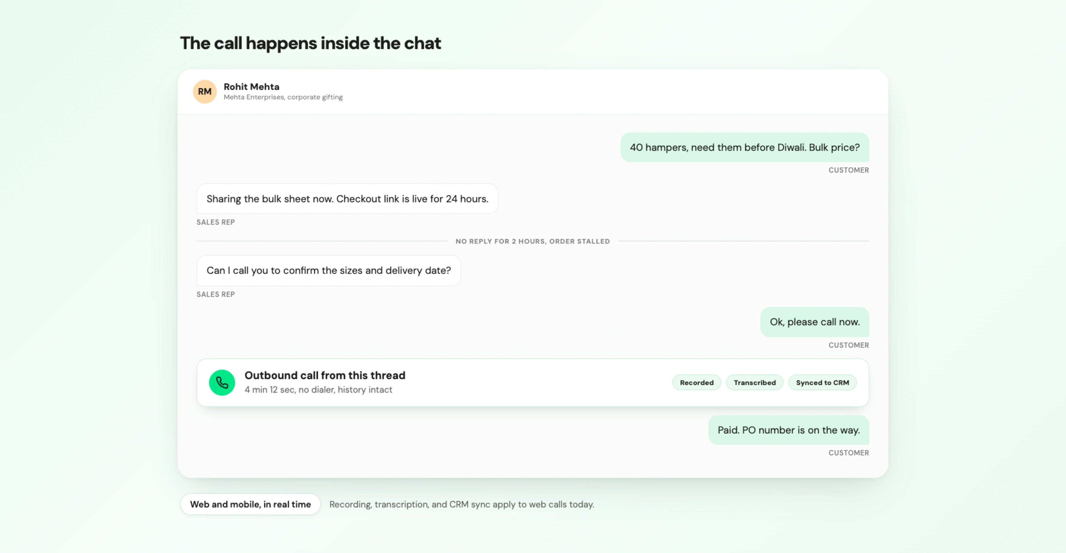 WhatsApp chat showing an outbound call from the conversation, with recording, transcription, and CRM sync.
