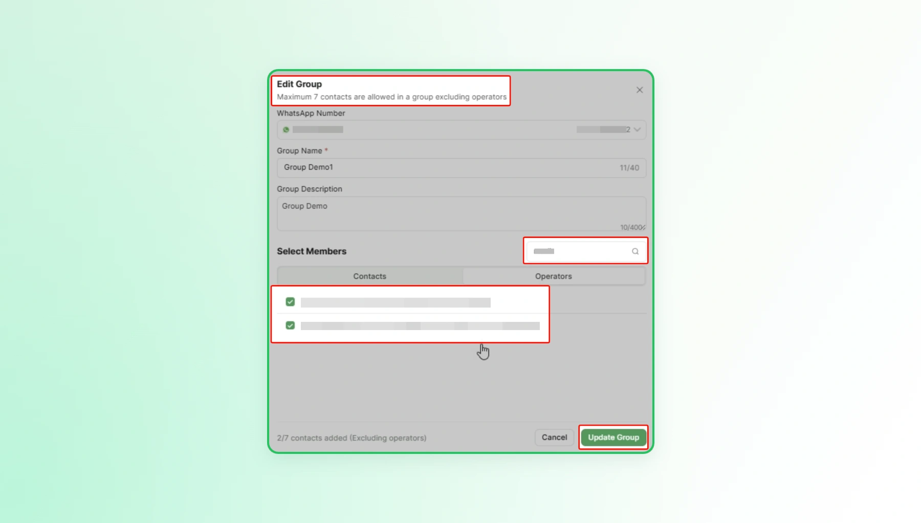 Wati Edit Group window showing group details and selected contacts, with the Update Group button highlighted.
