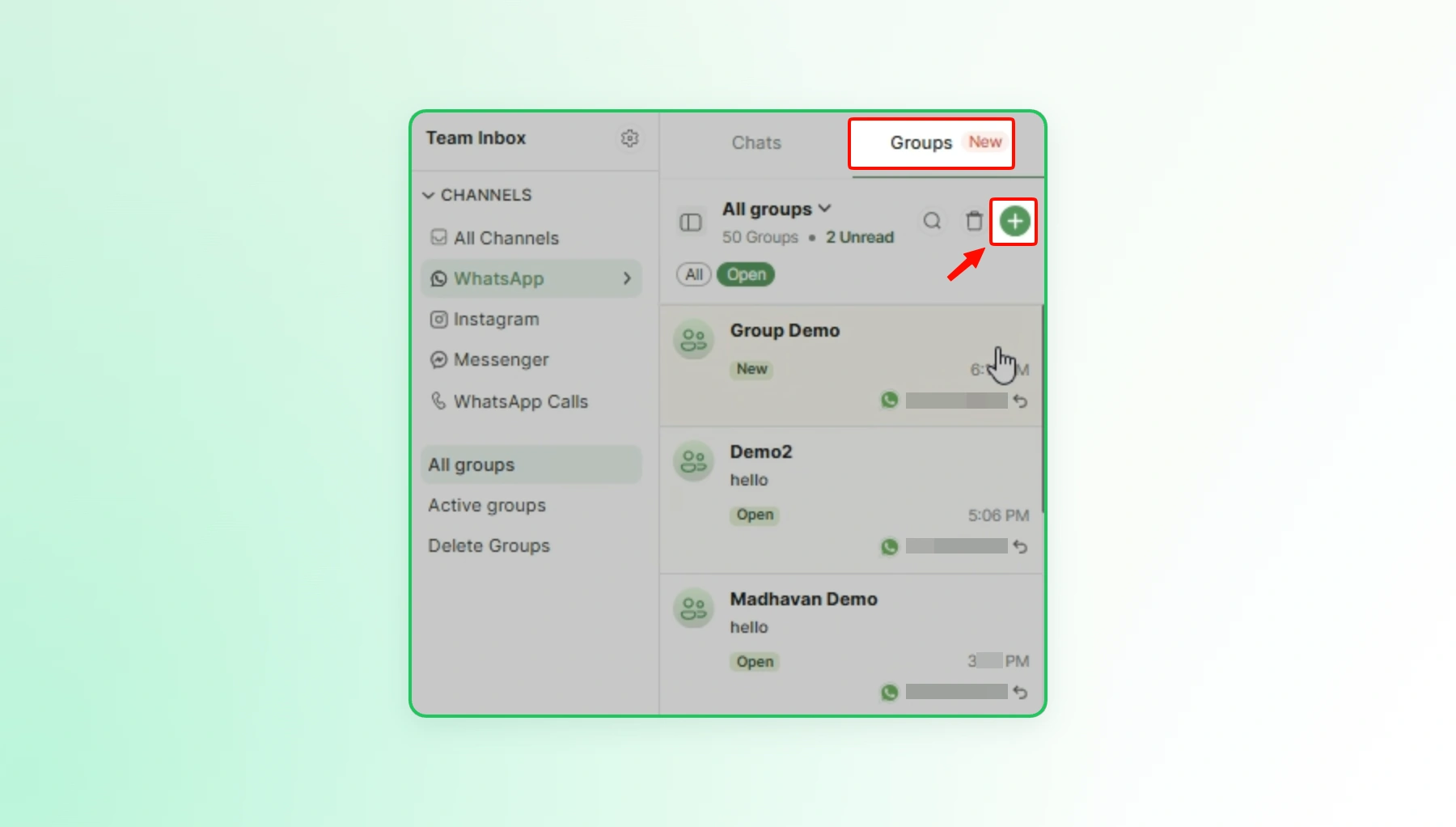 Wati Groups screen with the plus icon highlighted to create a new WhatsApp group.