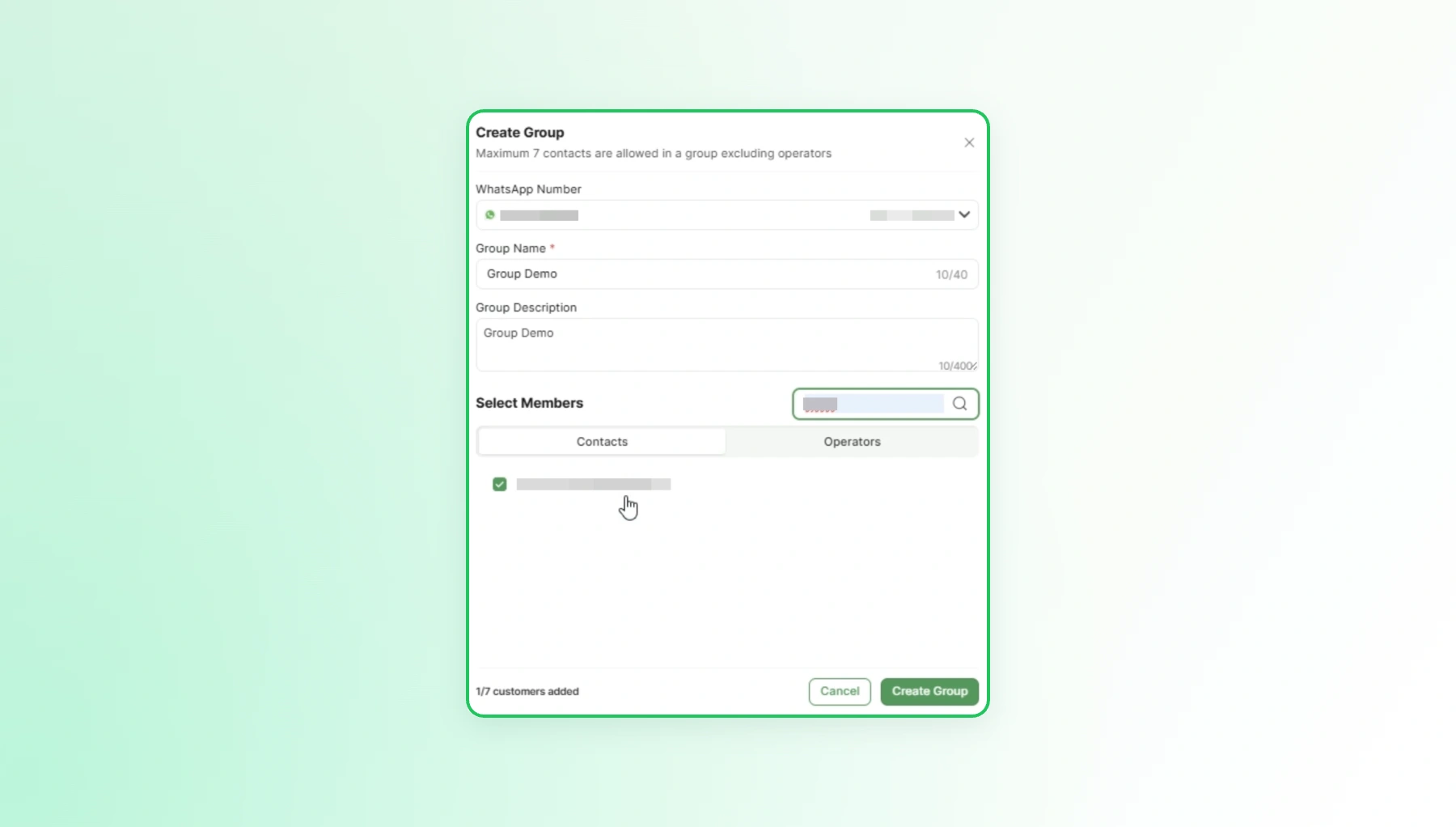 Wati Create Group window with the group name, description, and selected contact ready to create the group.