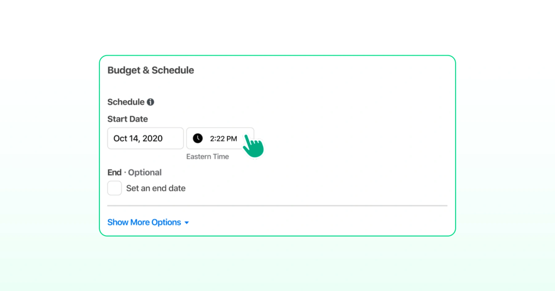 Meta Ads Manager Budget and Schedule section showing campaign start date and time settings
