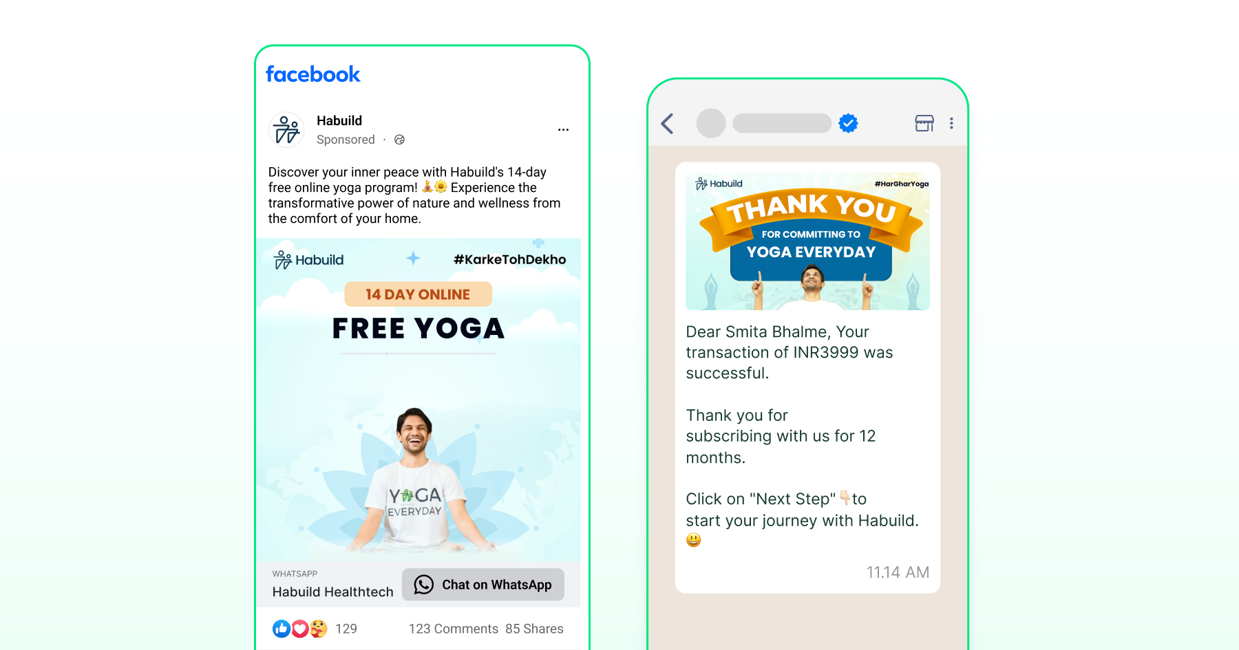 Facebook ad for a yoga program with a Chat on WhatsApp button alongside a WhatsApp follow-up message