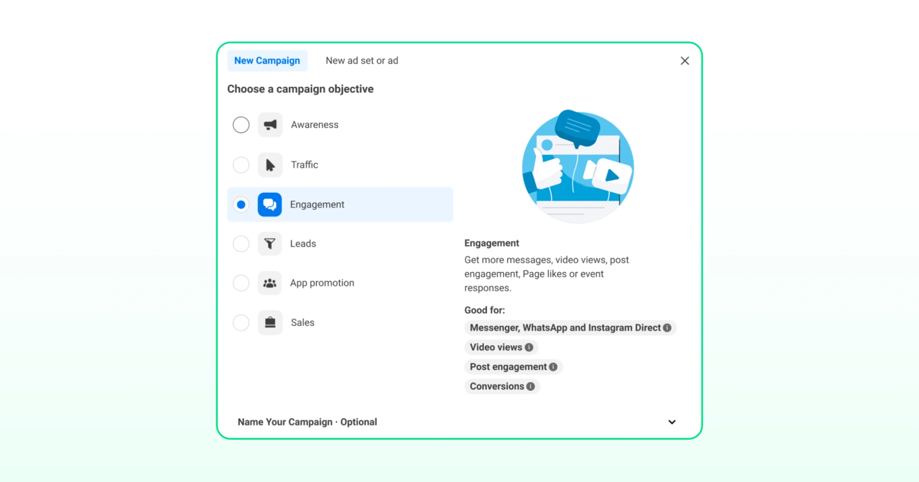 Meta Ads Manager campaign objective screen with Engagement selected