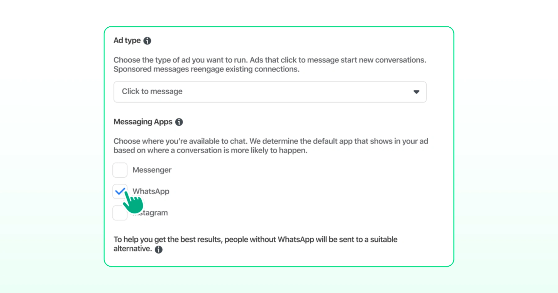 Meta Ads Manager ad type settings with Click to message selected and WhatsApp enabled