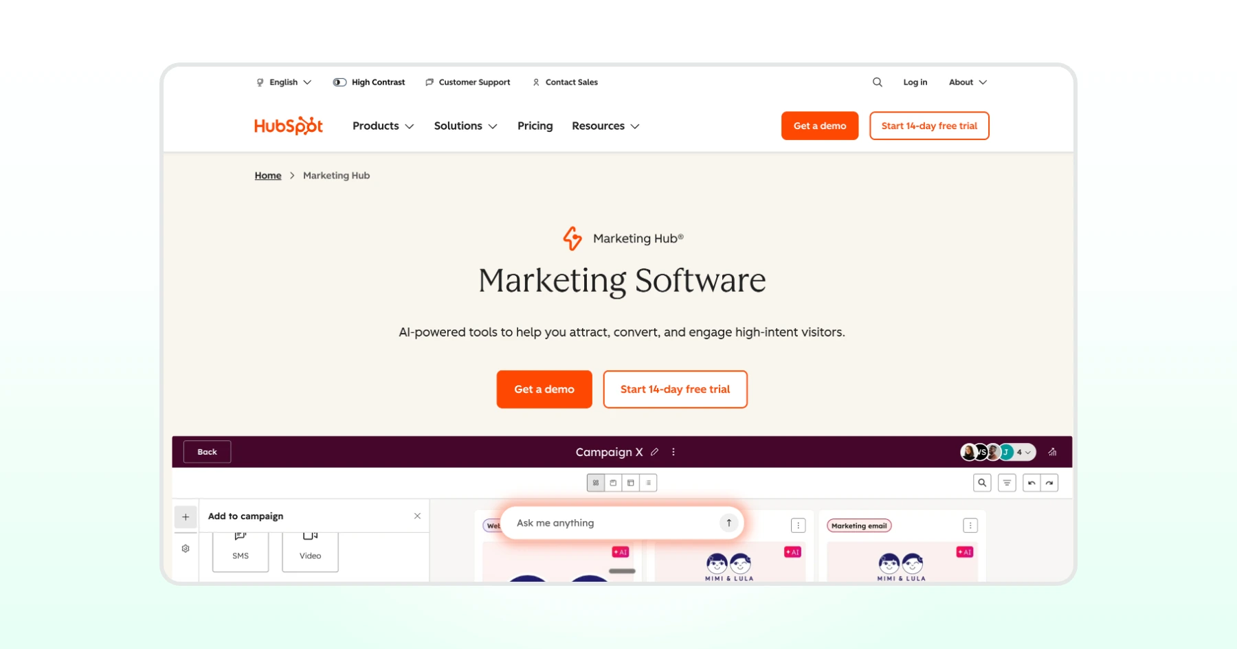 HubSpot Marketing Hub Homepage