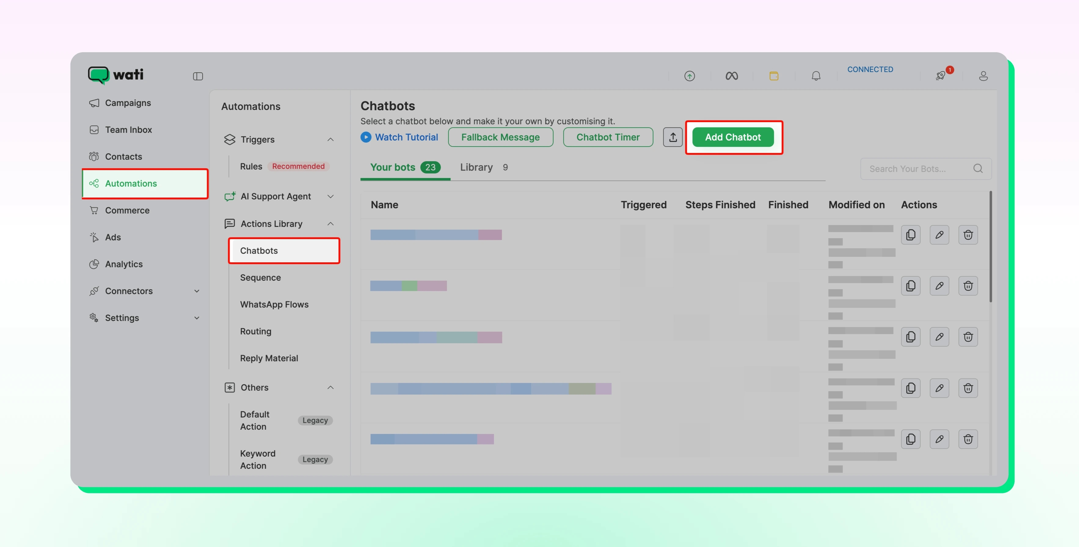 Dashboard showing selection of Automations, Chatbots, and Add Chatbots in Wati. 