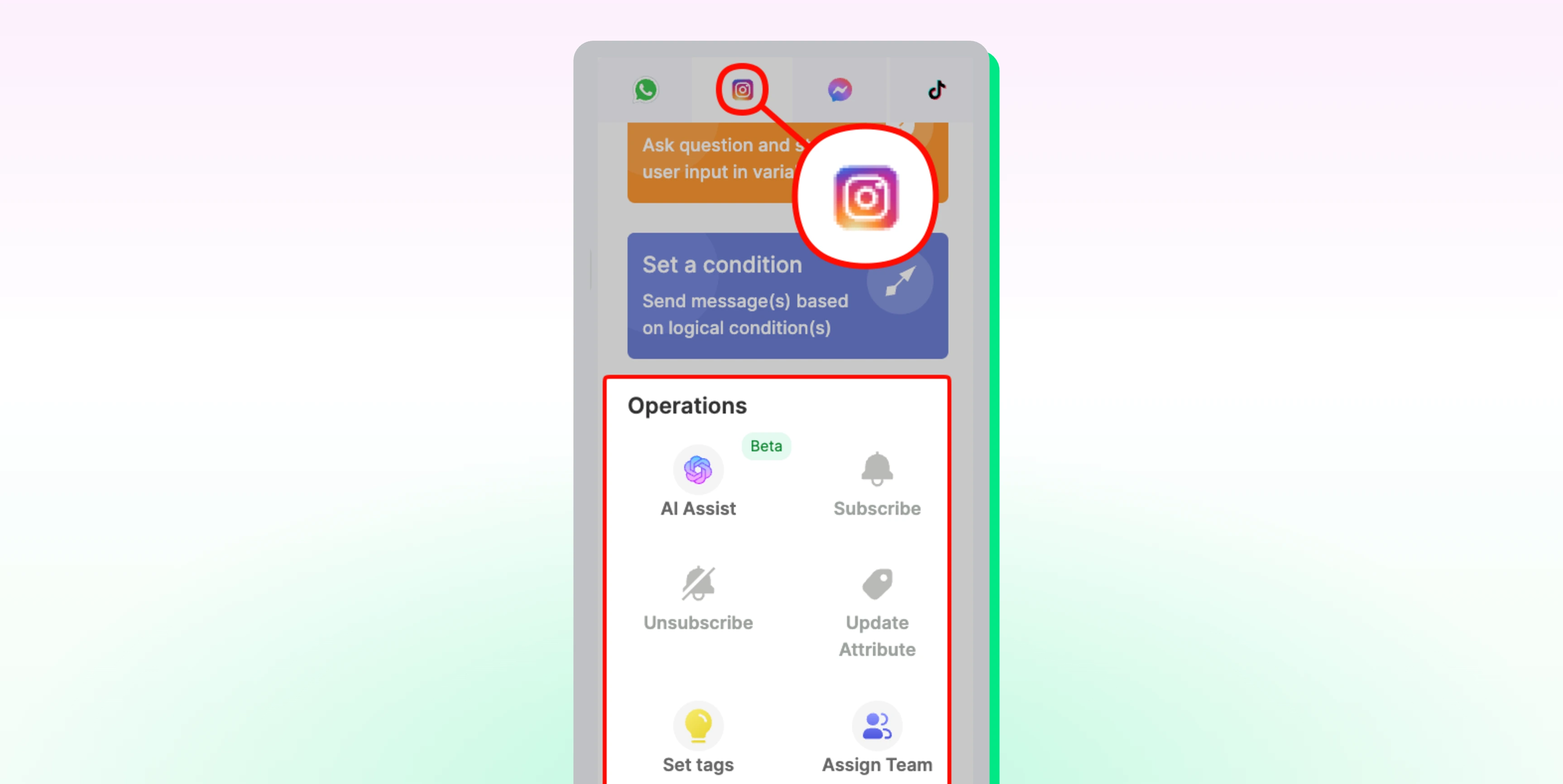 Wati dashbaord showing Instagram icon highlighted and nodes available for Instagram under Operations