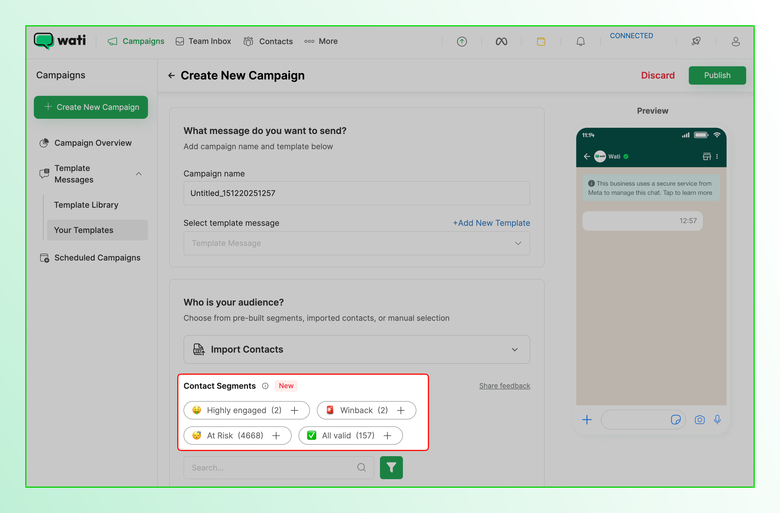 Wati dashboard showing Contact Segments highlighted