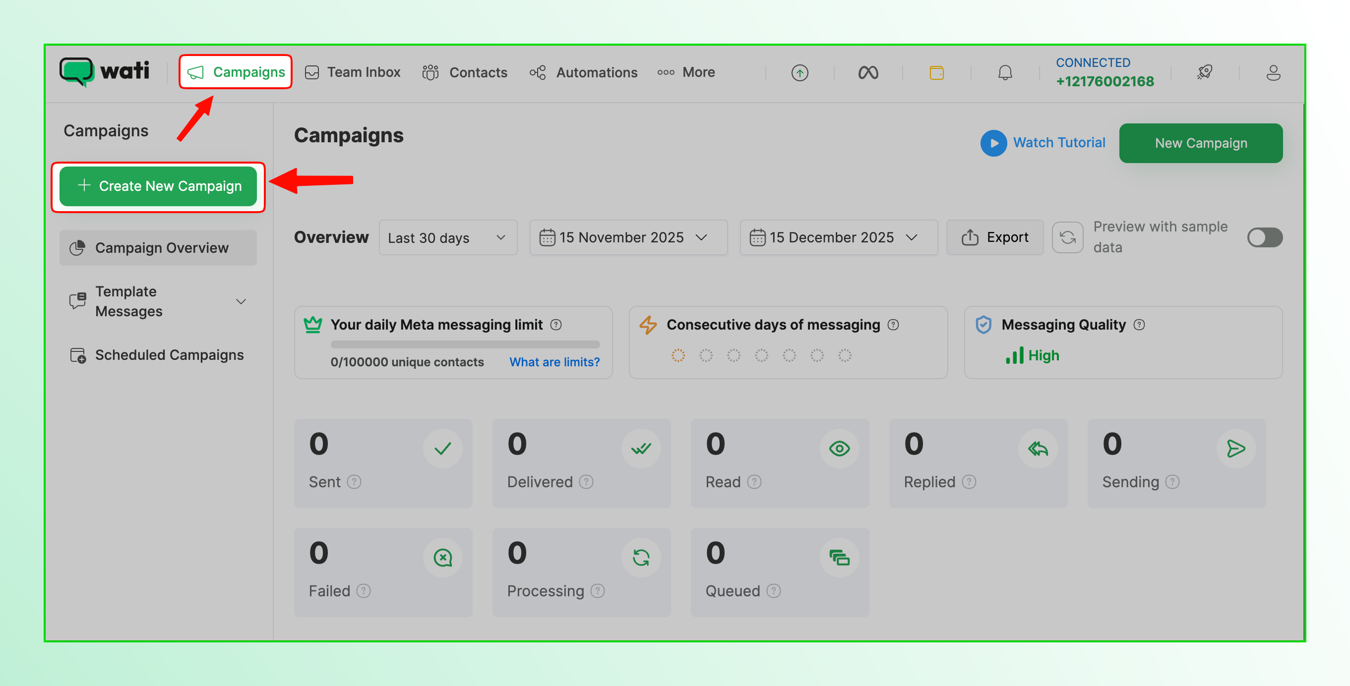 Wati dashboard showing Create New Campaign button selected under Campaigns