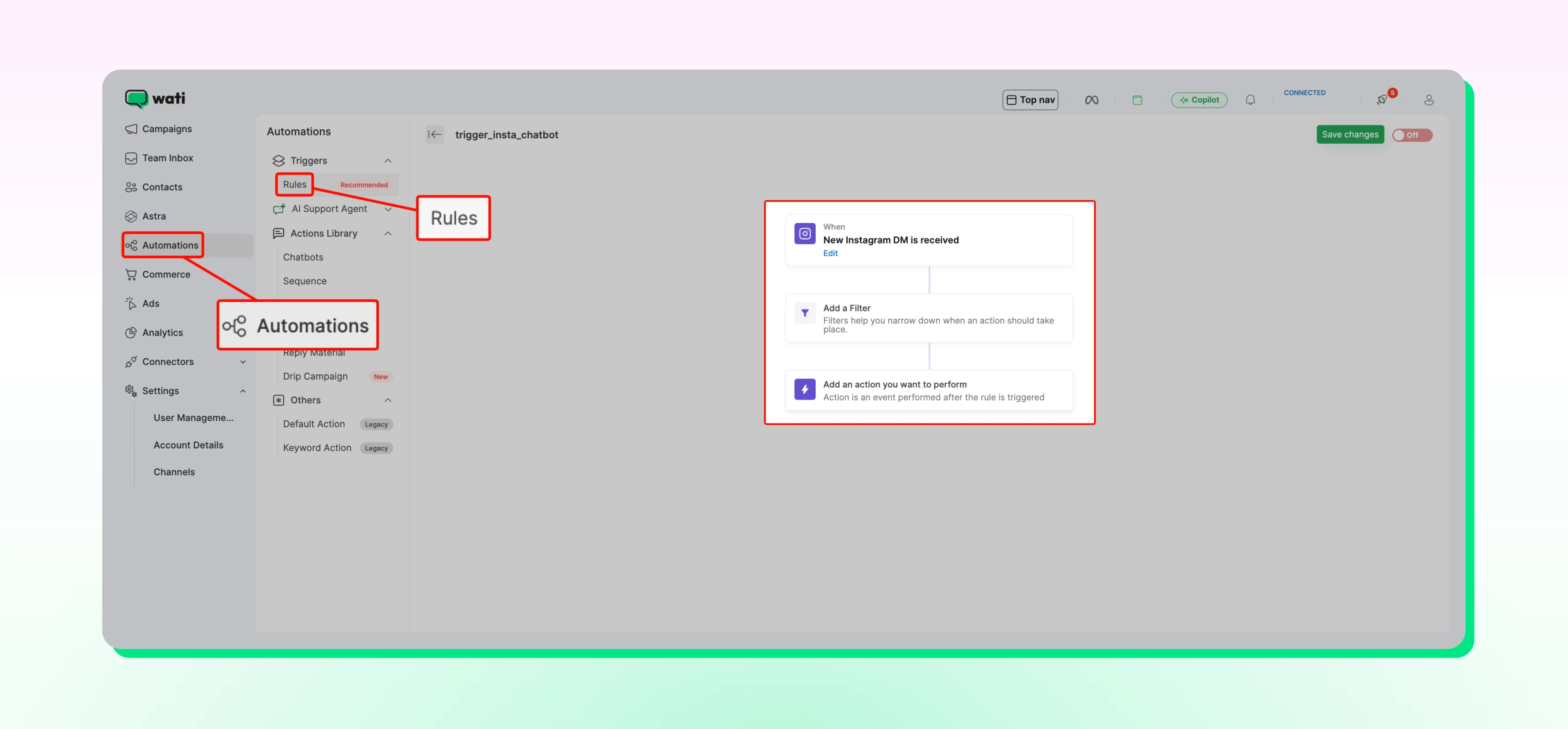 Automations, Rules, and trigger set up in Wati dashbaord
