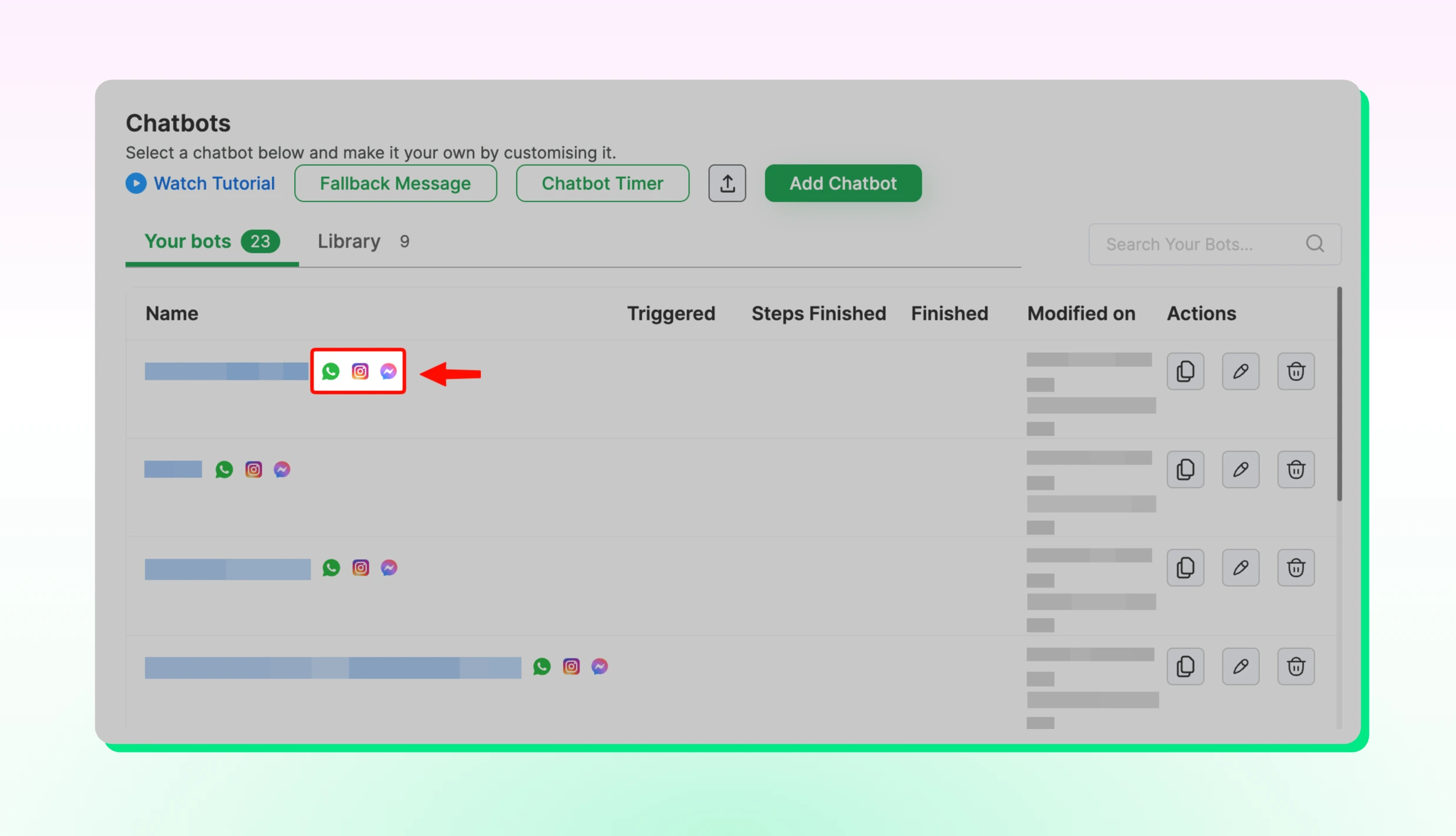 wati dashbaord showing WhatsApp Instagram and Messenger icons highlighted under Your bots tab.