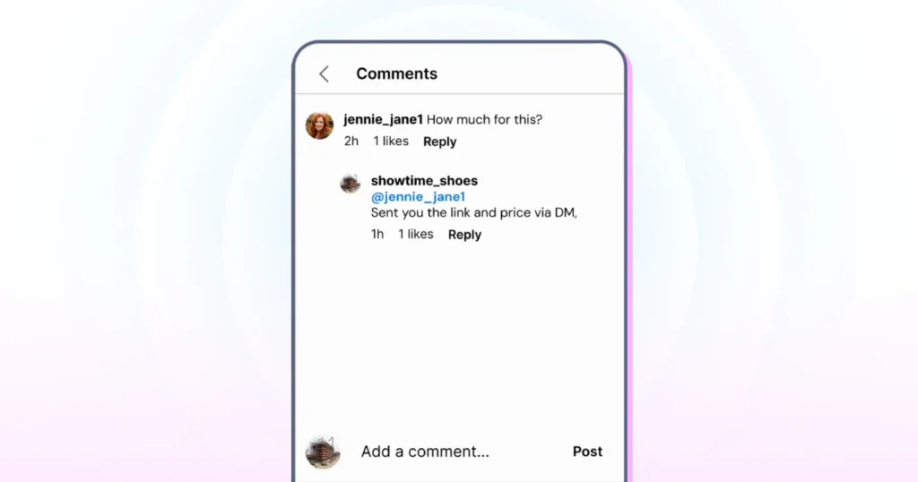 A user's comment with an automated response on an Instagram post