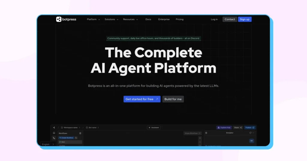 The homepage of Botpress