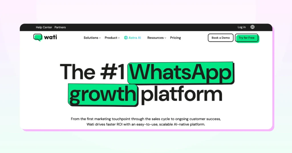 Wati homepage showcasing automation workflows, customer support features, and broadcast messaging capabilities powered by the WhatsApp Business API, making it a strong Twilio alternative.