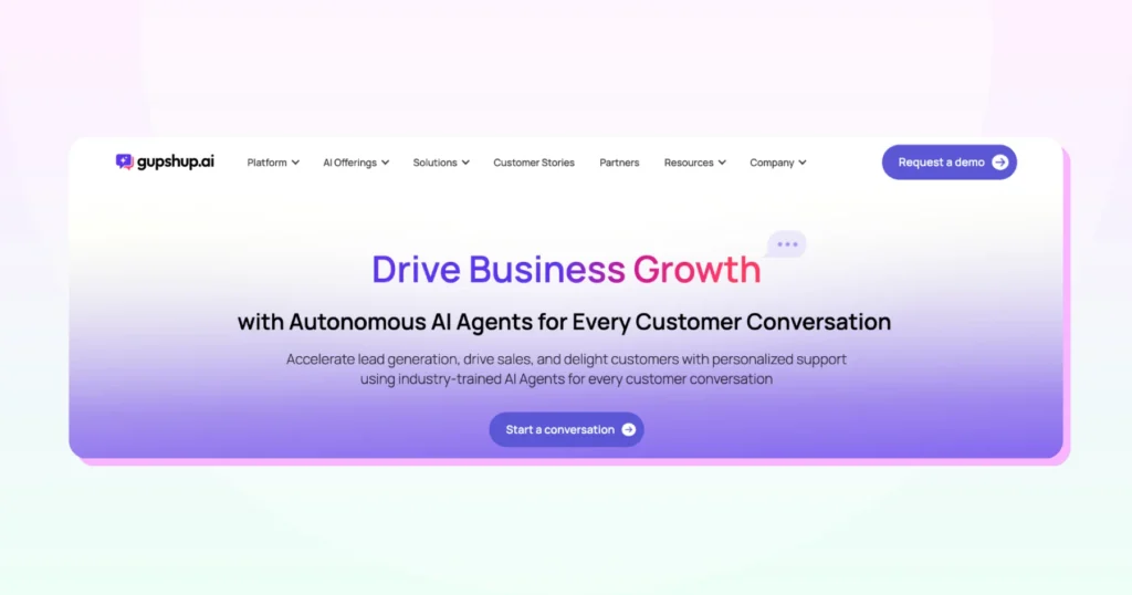 Gupshup homepage featuring its conversational messaging platform for WhatsApp and SMS automation via AI