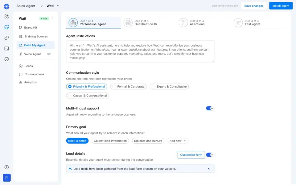 Dashboard interface for building a Wati AI sales agent showing setup steps, communication style options, multi-lingual support, and lead collection preferences.