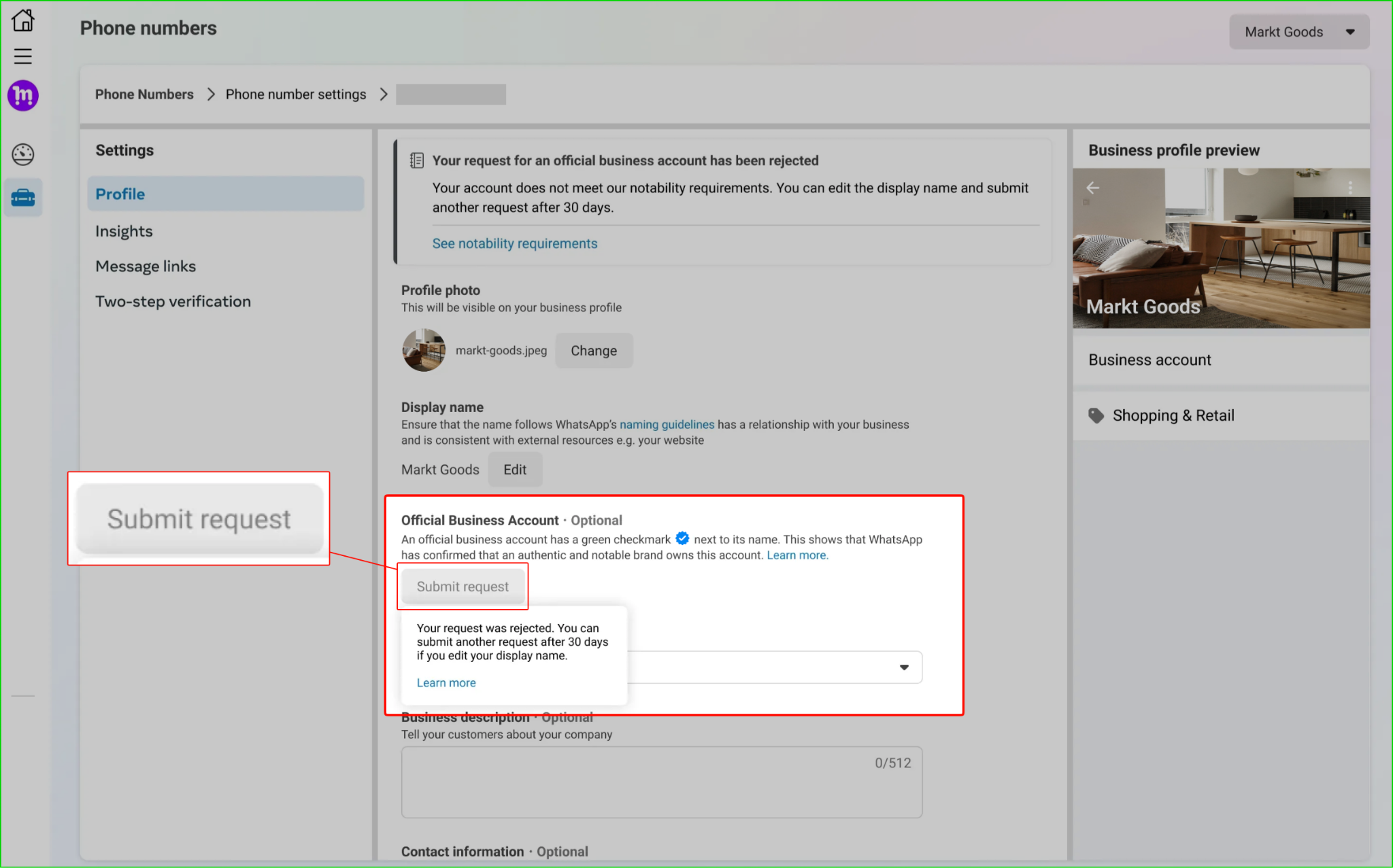 Dashboard showing Submit request button highlighted in Official Business Account request.