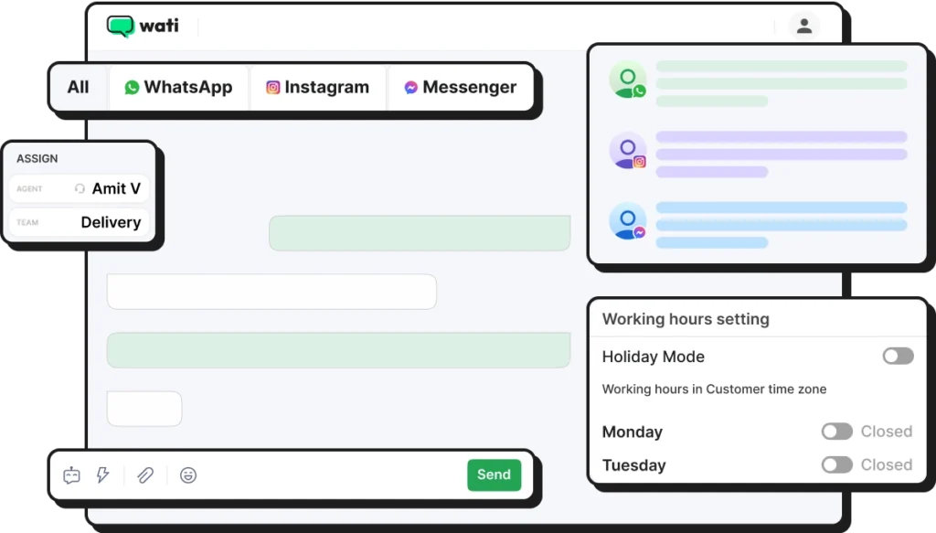 Dashboard view of a team inbox showing WhatsApp, Instagram and Messenger chats, with options to assign conversations to agents and set working hours.