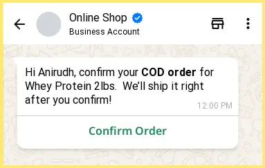 WhatsApp message asking a customer to confirm their cash-on-delivery order for whey protein before shipping.