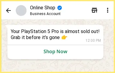 WhatsApp reminder highlighting limited stock availability of a PlayStation 5 Pro, urging the customer to complete the purchase.