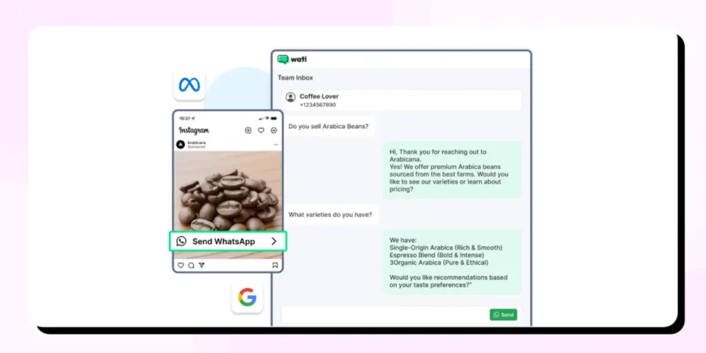 Illustration showing a Click-to-WhatsApp ad on Instagram and a Wati chat interface where a customer inquires about Arabica coffee beans.