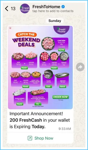 WhatsApp Business chat from FreshToHome promoting weekend offers and reminding users about expiring FreshCash balance.